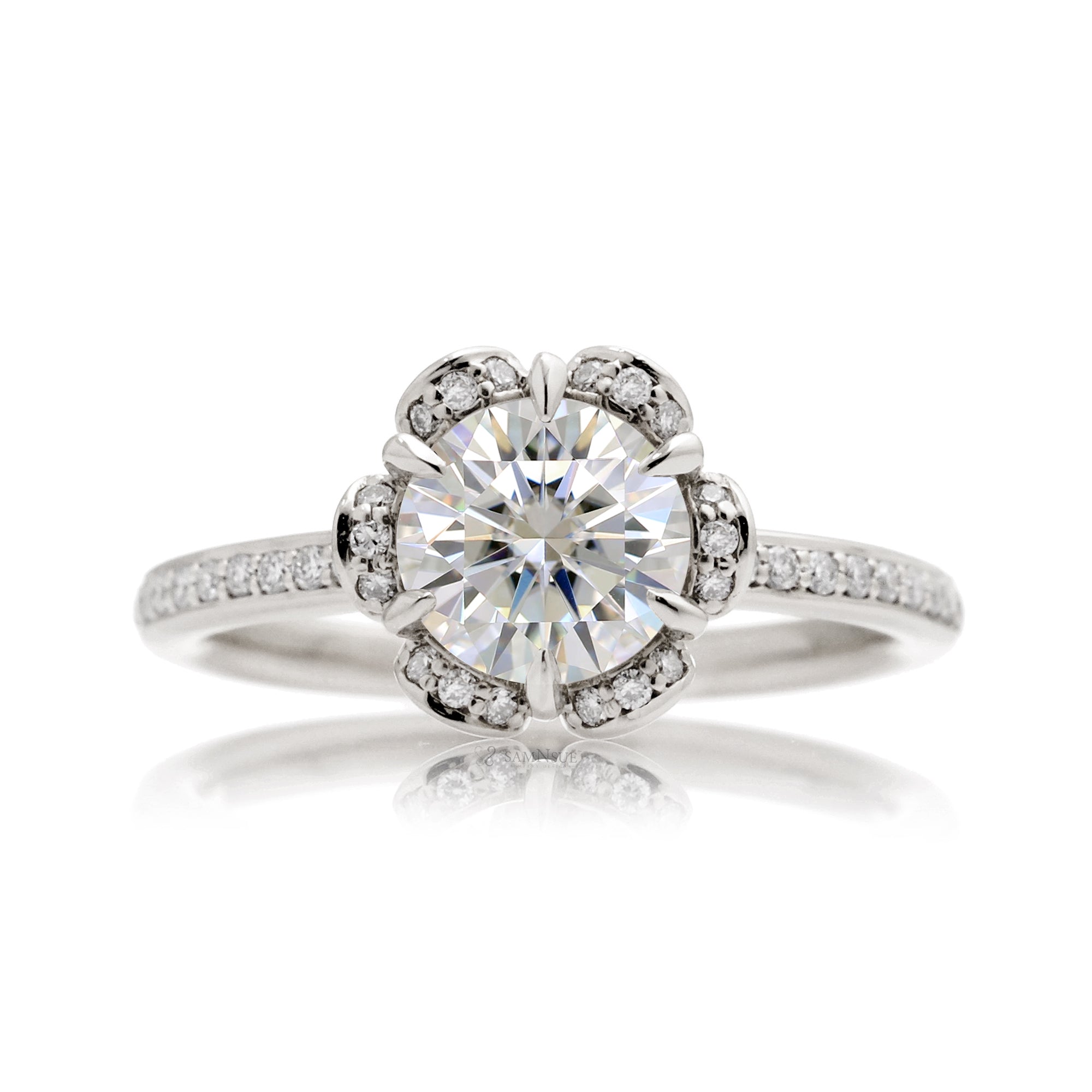 Flower design diamond engagement ring white gold