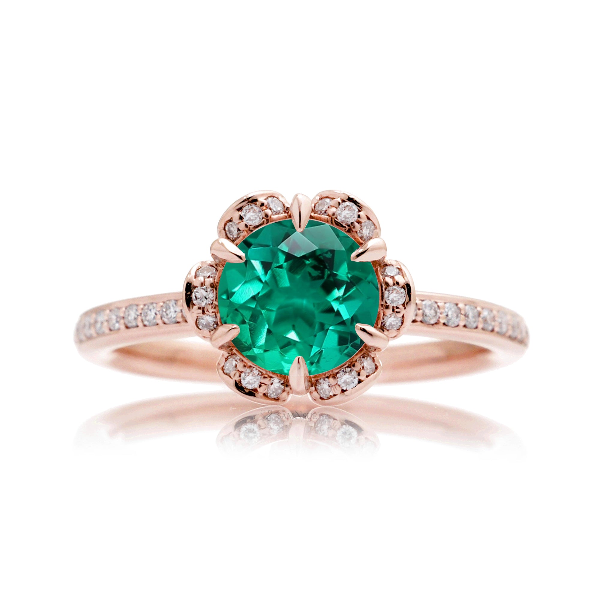 Floral lab-grown emerald engagement ring rose gold