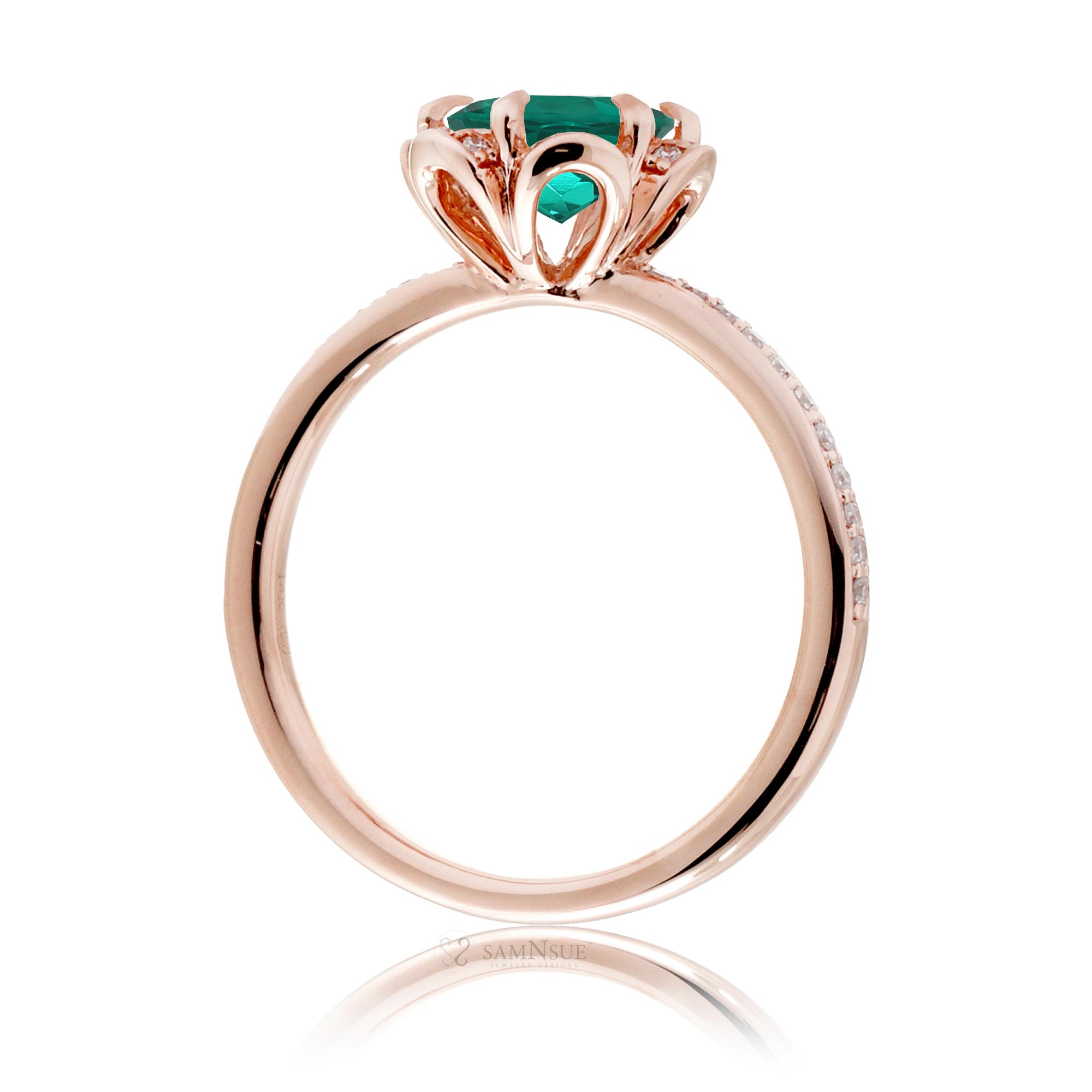Floral lab-grown round emerald engagement ring rose gold