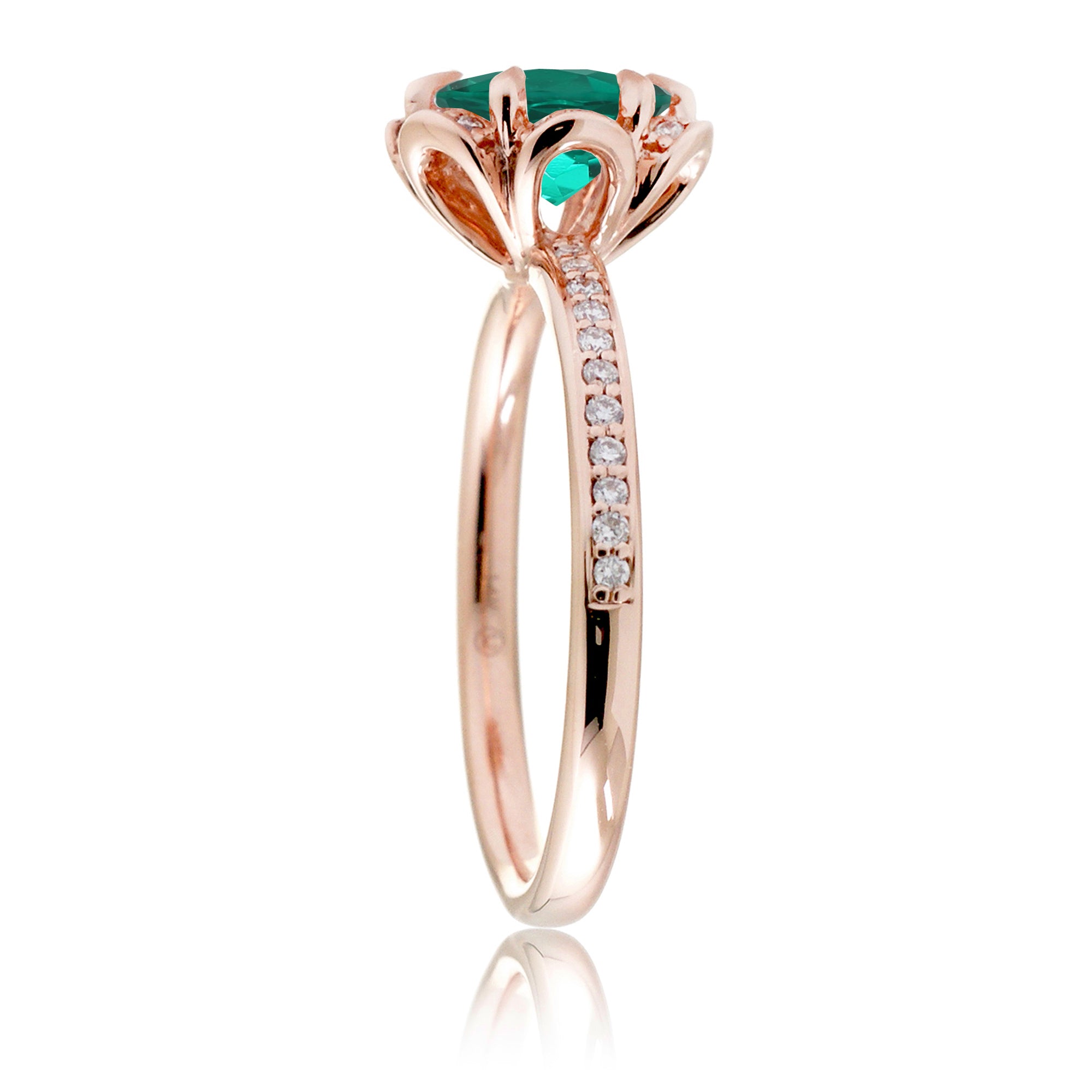 Floral lab-grown round emerald engagement ring rose gold