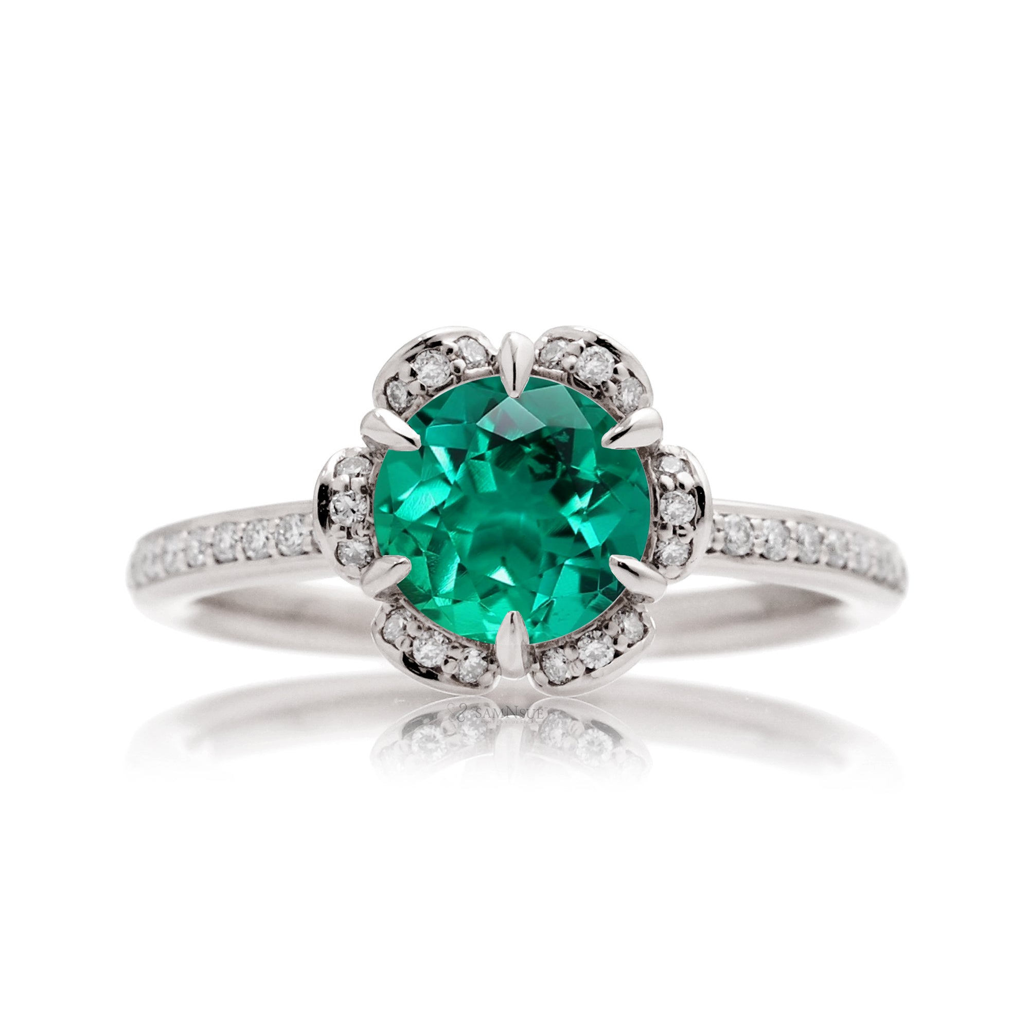 Floral lab-grown emerald engagement ring white gold