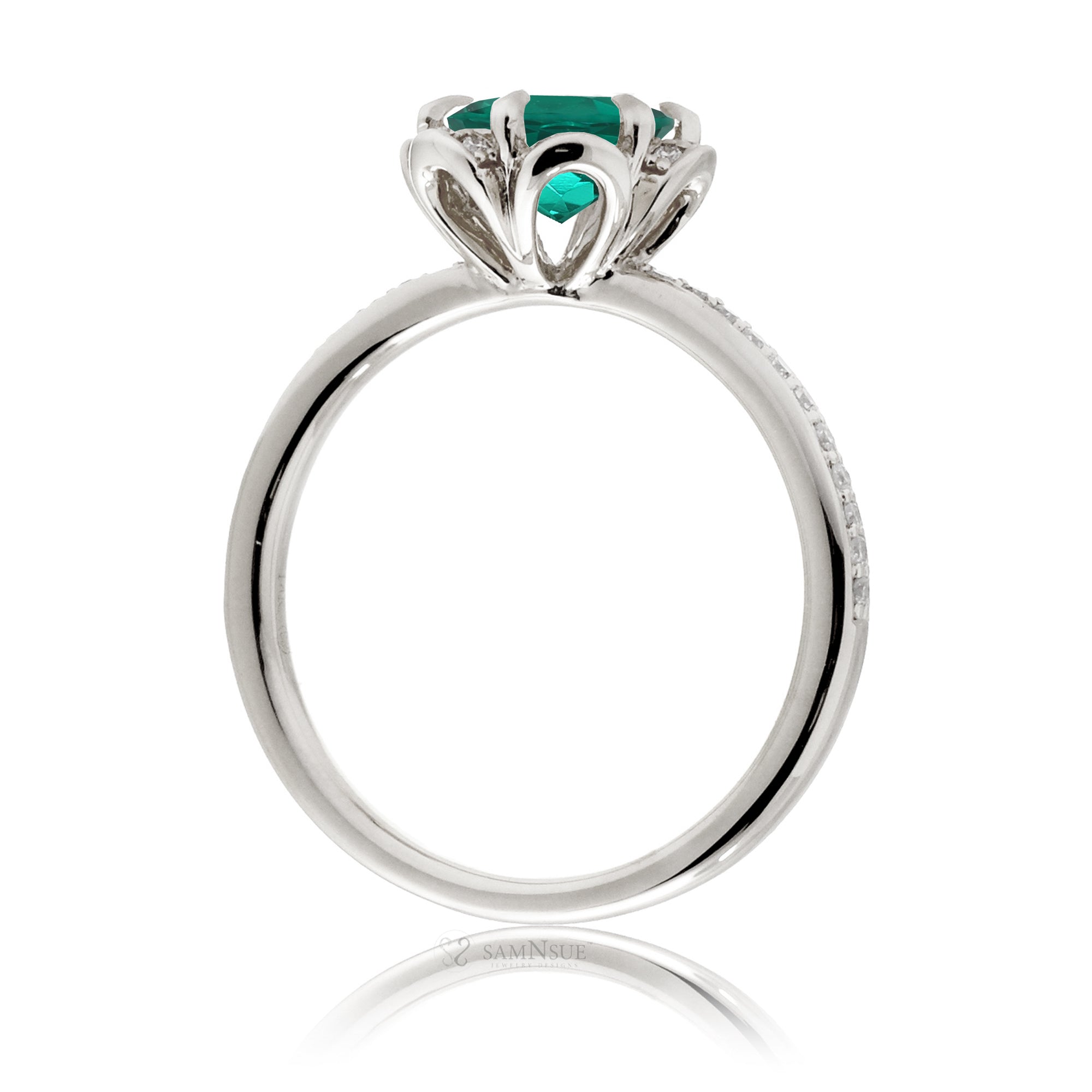 Floral lab-grown round emerald engagement ring white gold