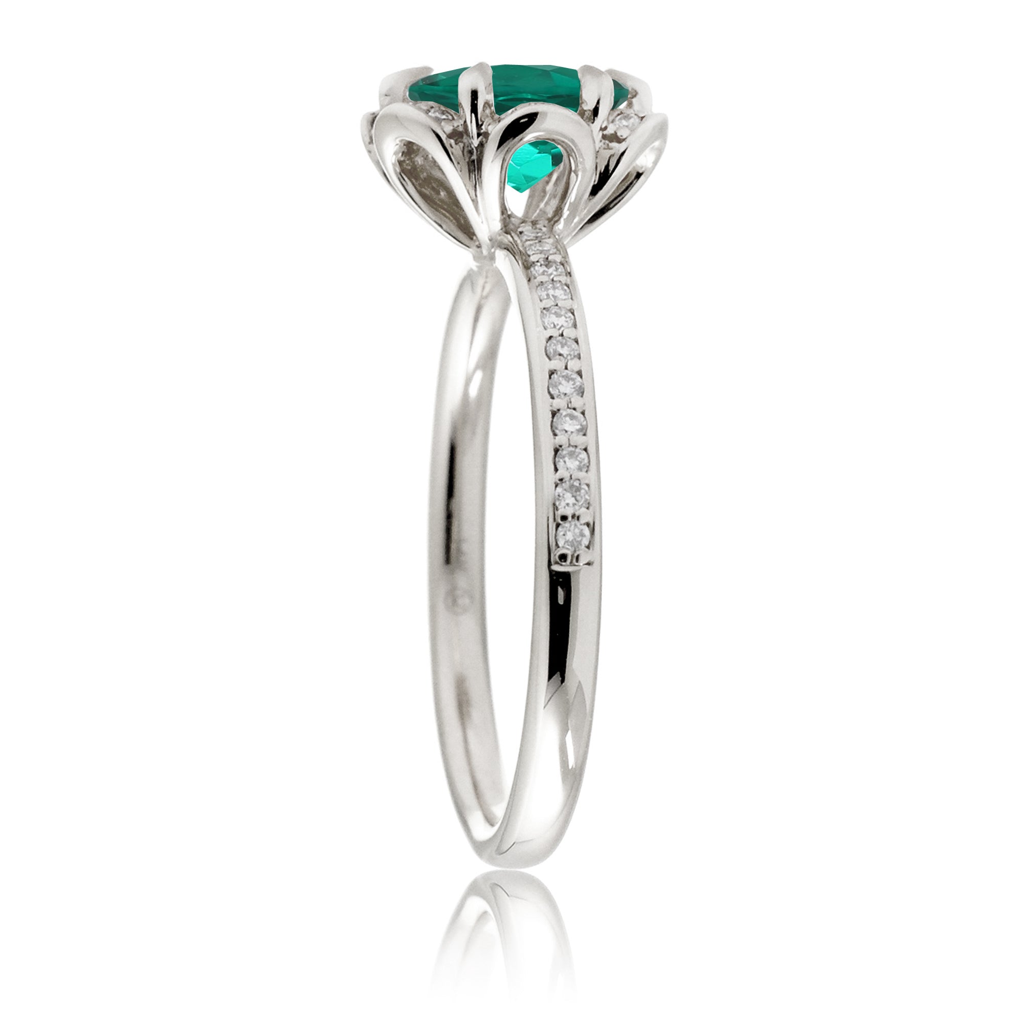 Floral lab-grown round emerald engagement ring white gold