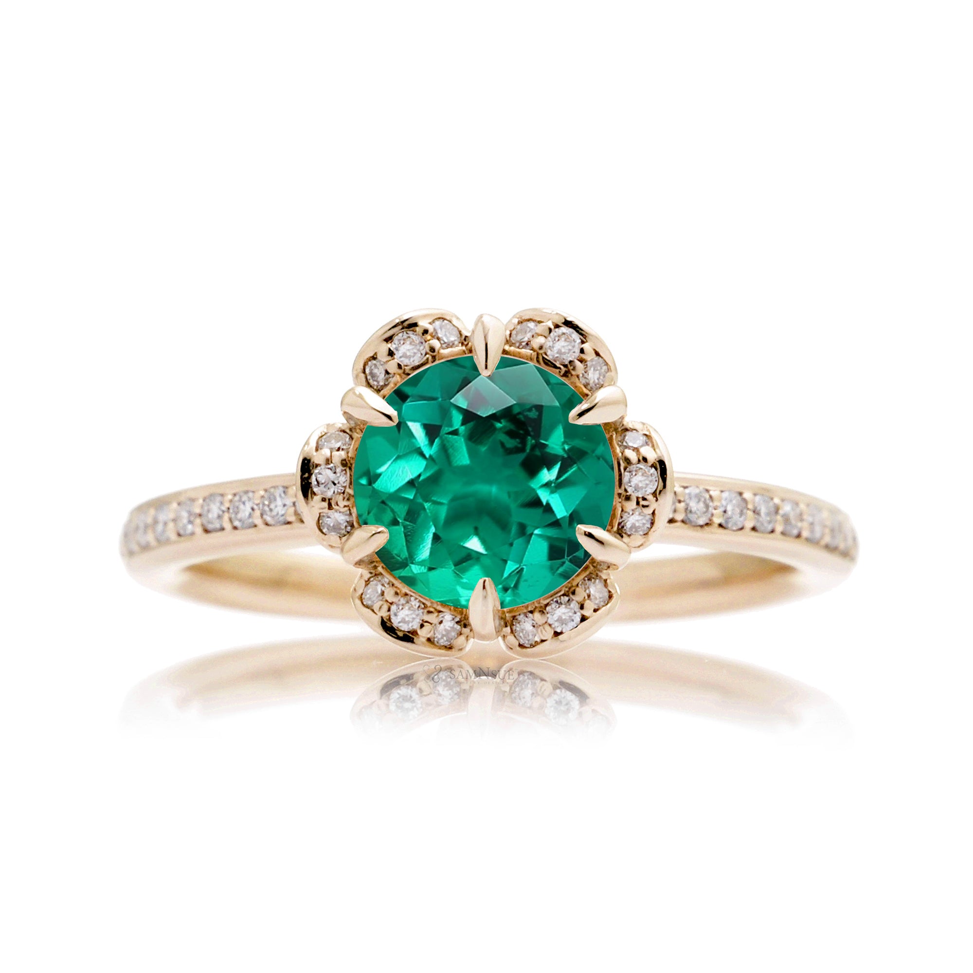 Floral lab-grown emerald engagement ring yellow gold