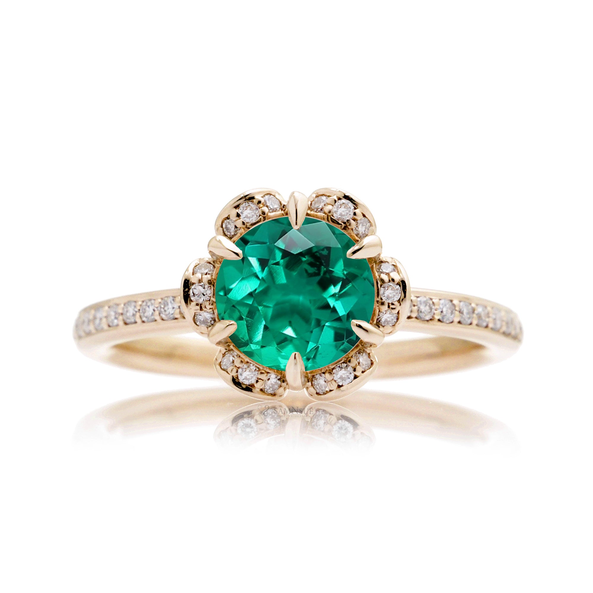 Floral lab-grown emerald engagement ring yellow gold