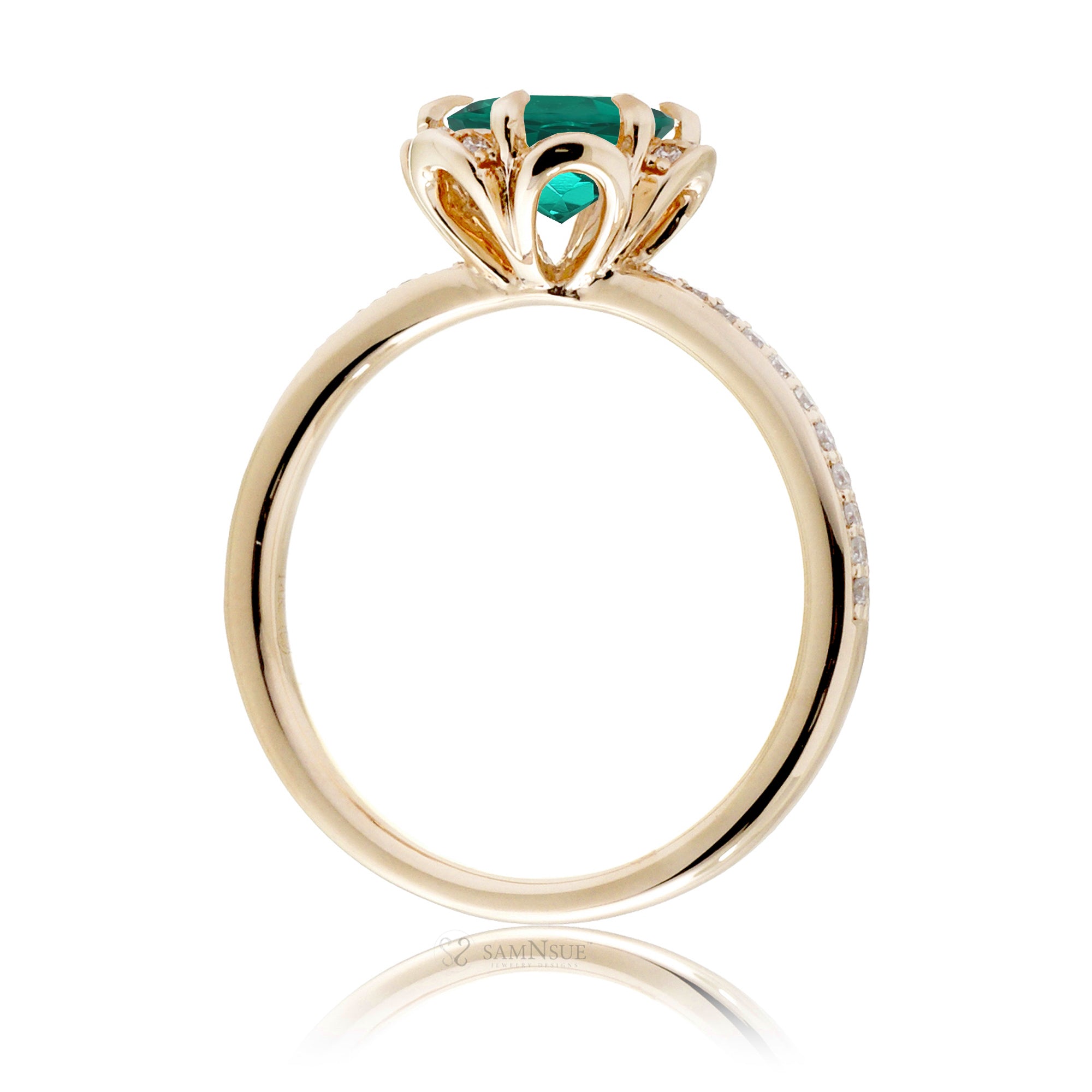 Floral lab-grown emerald engagement ring yellow gold