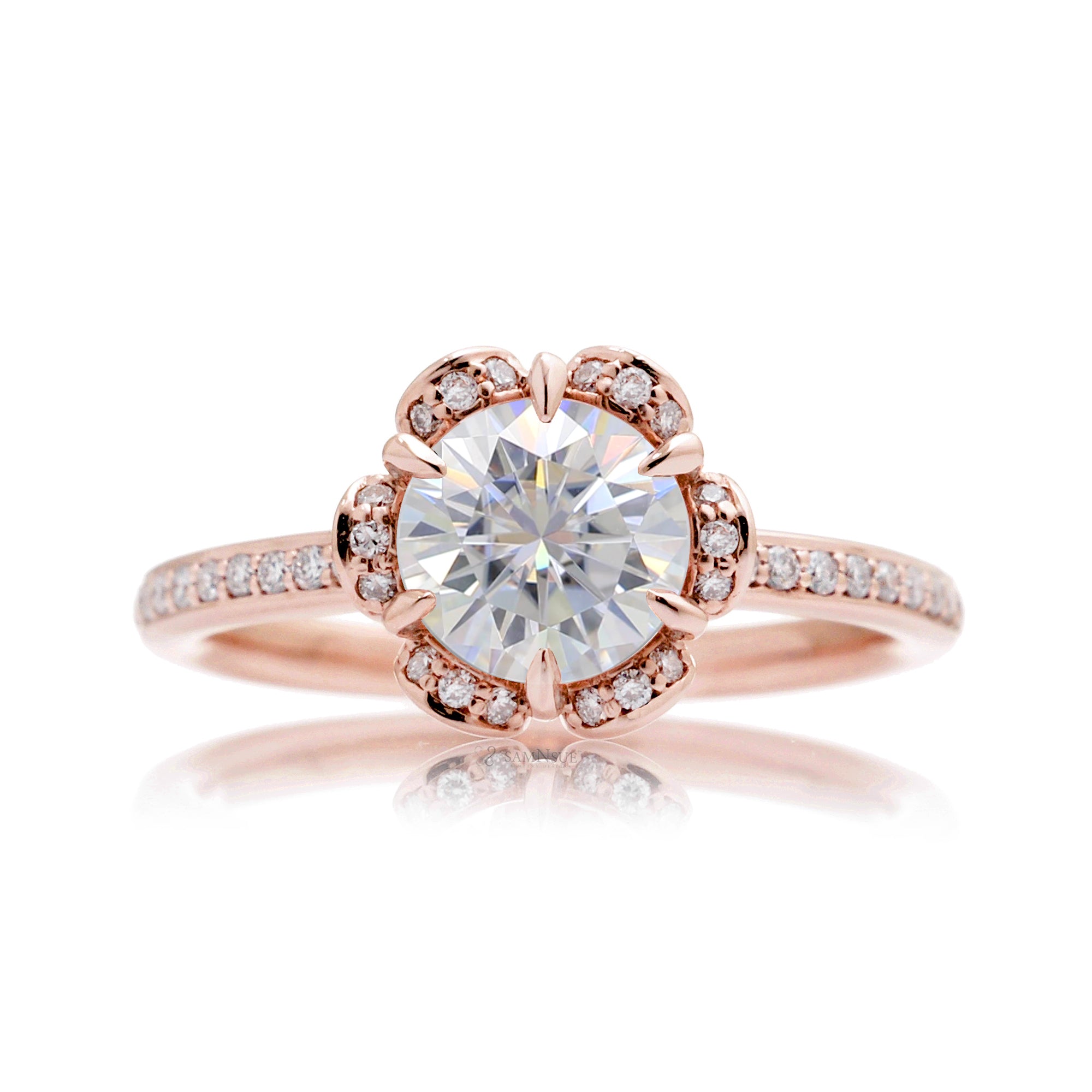 Round moissanite floral engagement ring rose gold