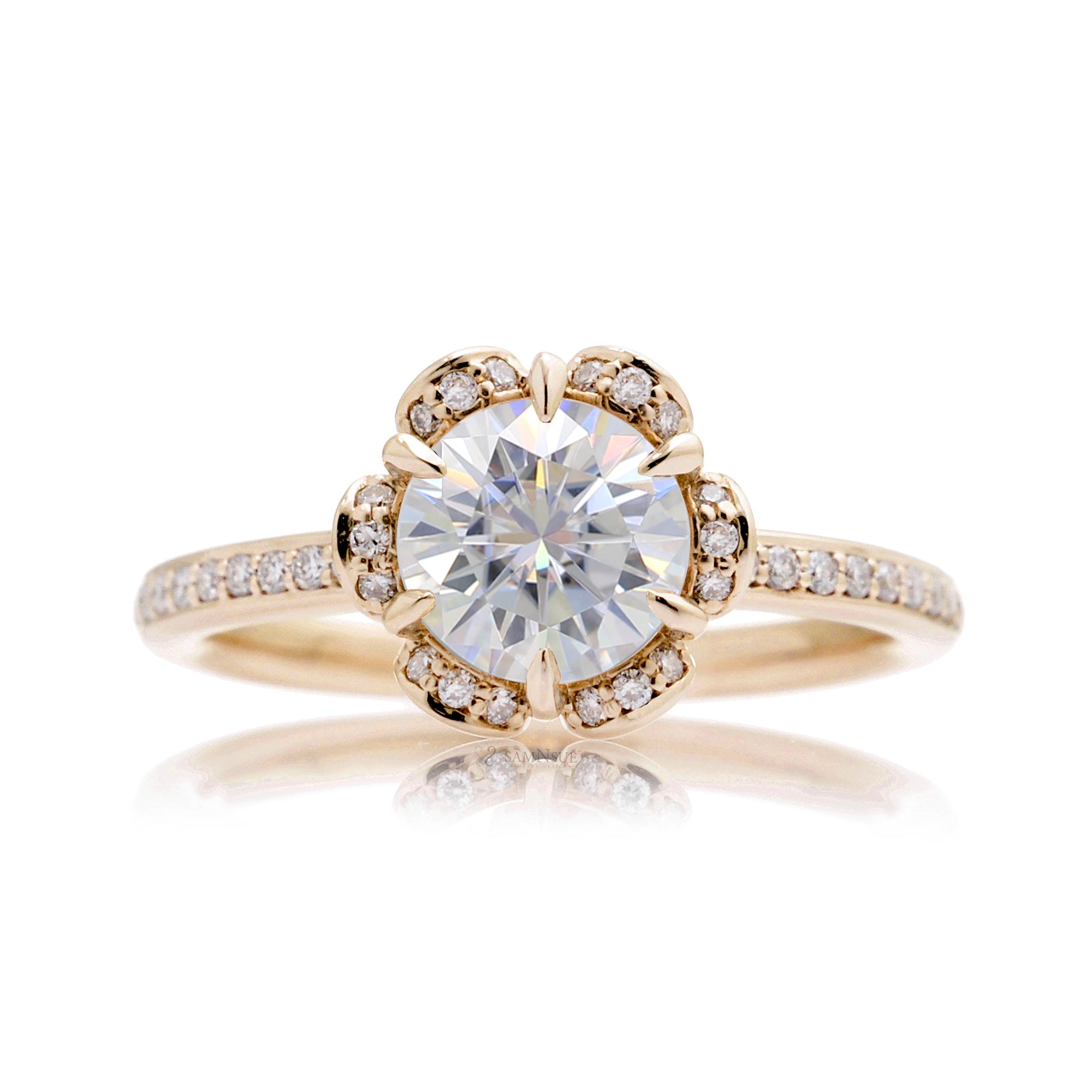 Round moissanite floral engagement ring yellow gold