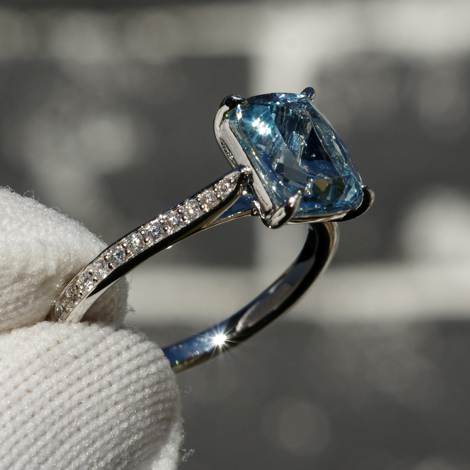 The Emily Cushion Aquamarine Ring 10x8mm 18k White Gold