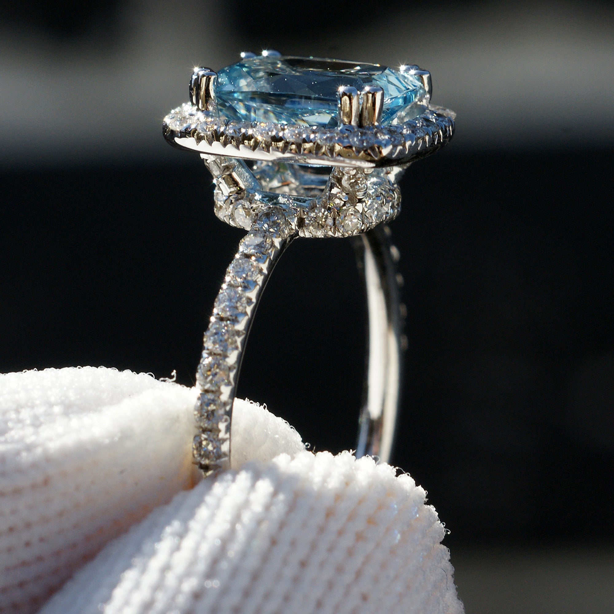 Cushion aquamarine diamond halo and band engagement ring - the Drenched