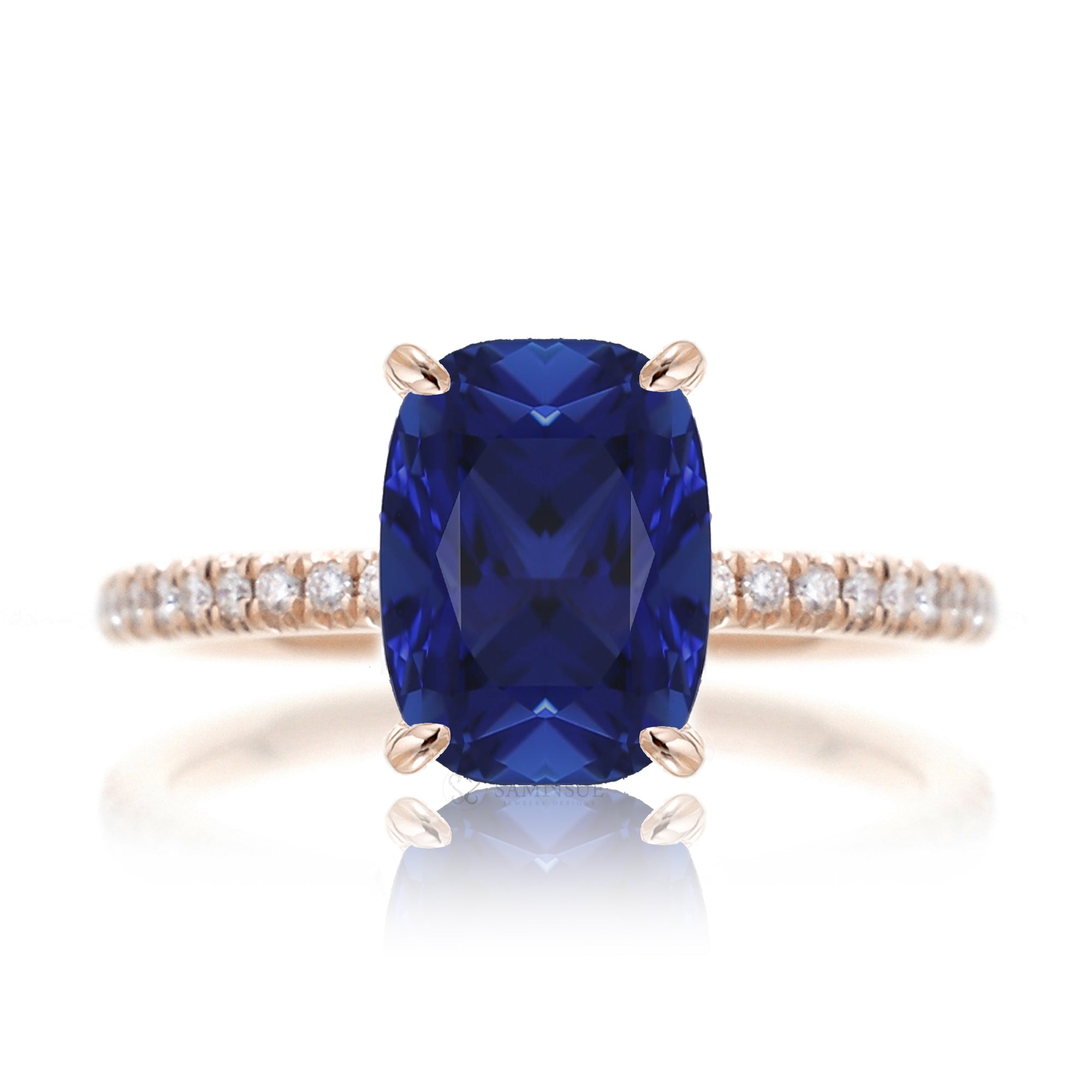 Cushion cut blue sapphire diamond engagement ring rose gold - the Ava