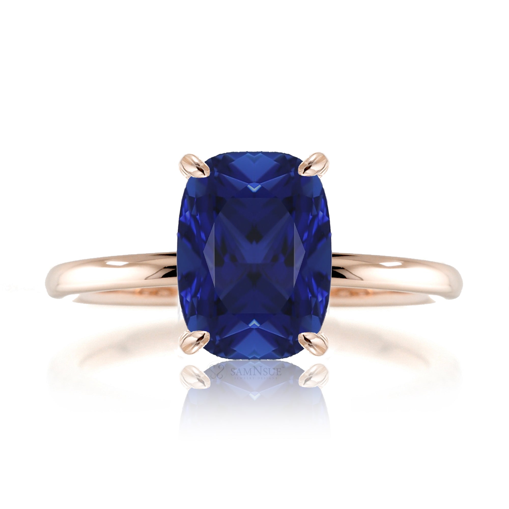 Cushion cut blue sapphire solid band engagement ring rose gold - the Ava