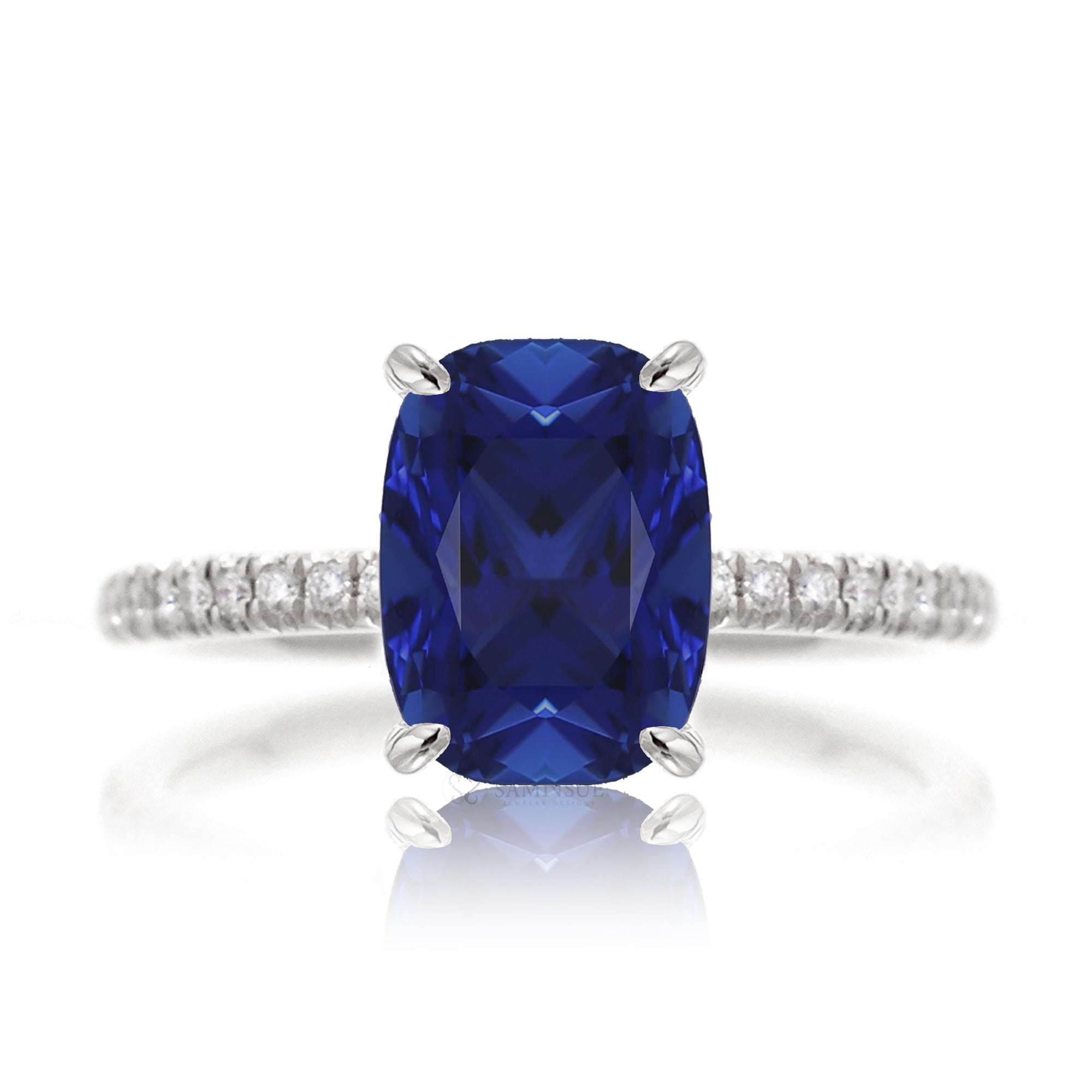 Cushion cut blue sapphire diamond engagement ring white gold - the Ava
