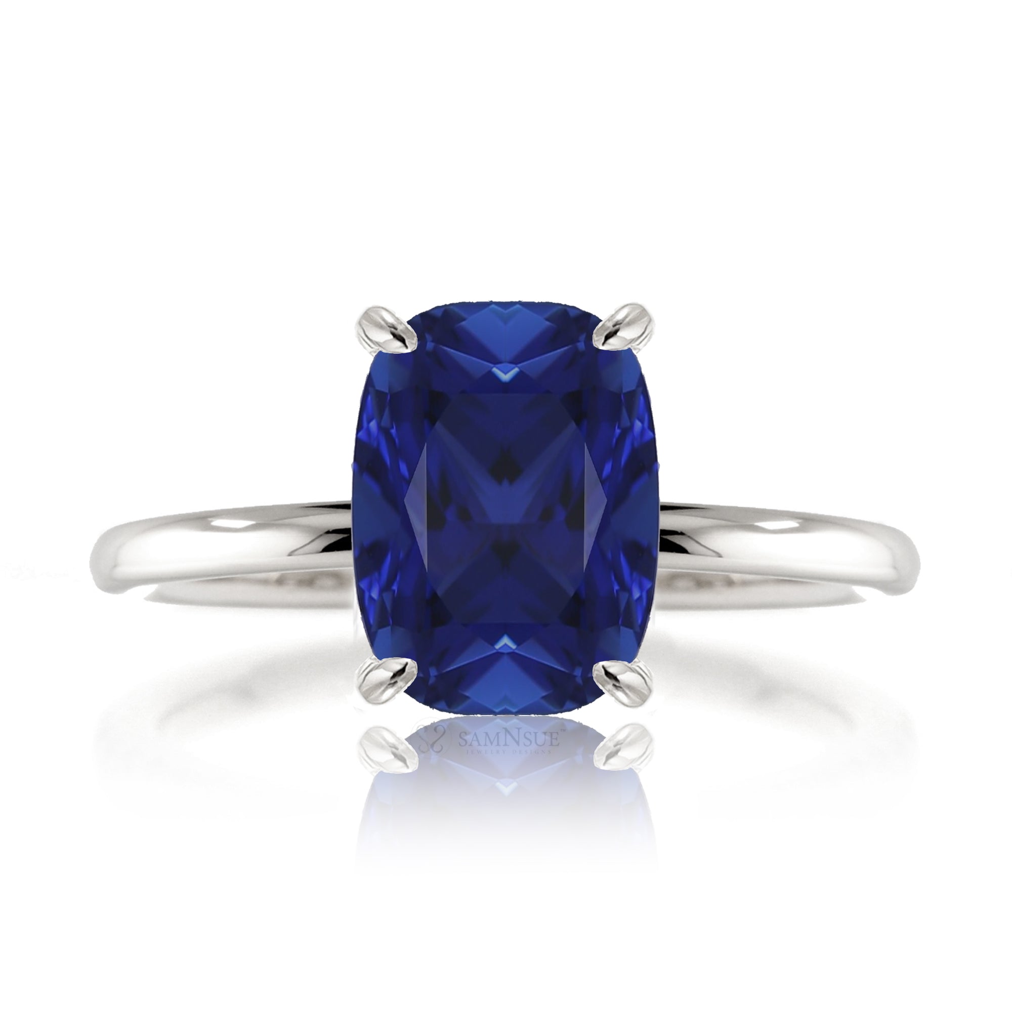 Cushion cut blue sapphire solid band engagement ring white gold - the Ava