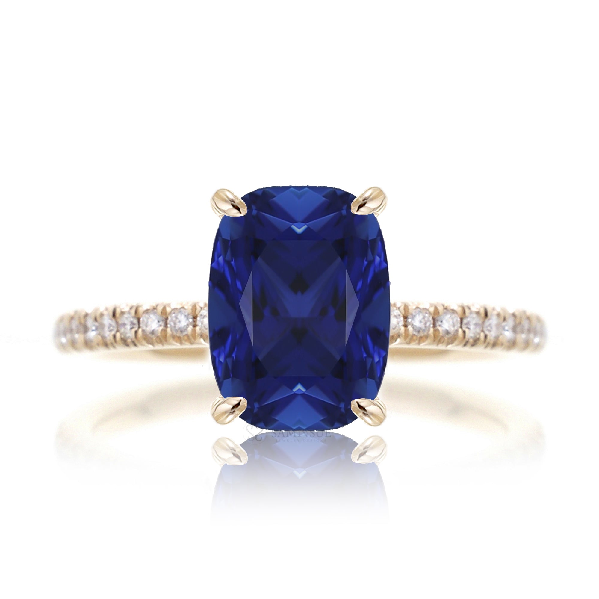 Cushion cut blue sapphire diamond engagement ring yellow gold - the Ava