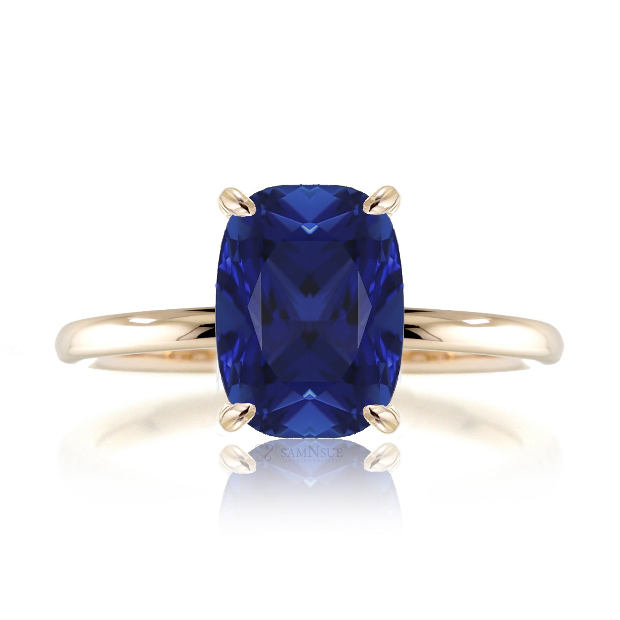 Cushion cut blue sapphire solid band engagement ring yellow gold - the Ava