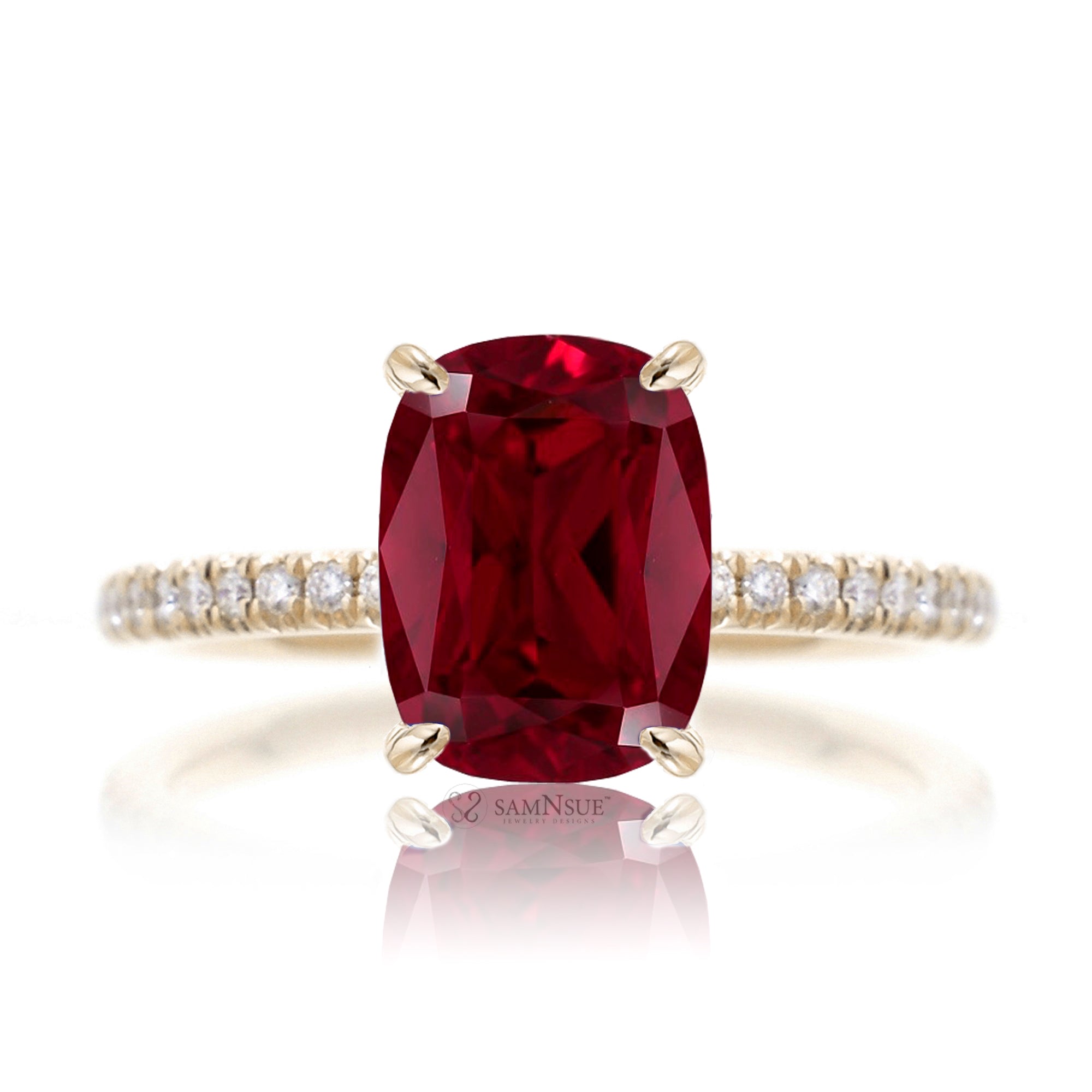 Cushion cut ruby diamond engagement ring yellow gold - the Ava