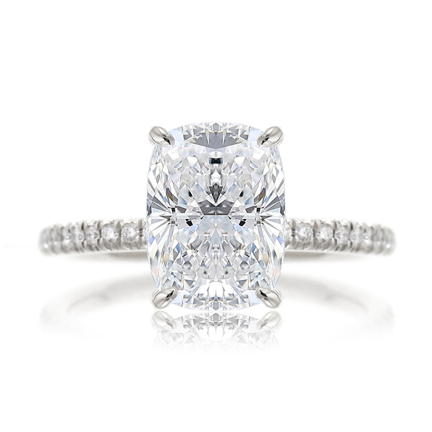 Cushion labgrown diamond engagement ring with diamond accent on the