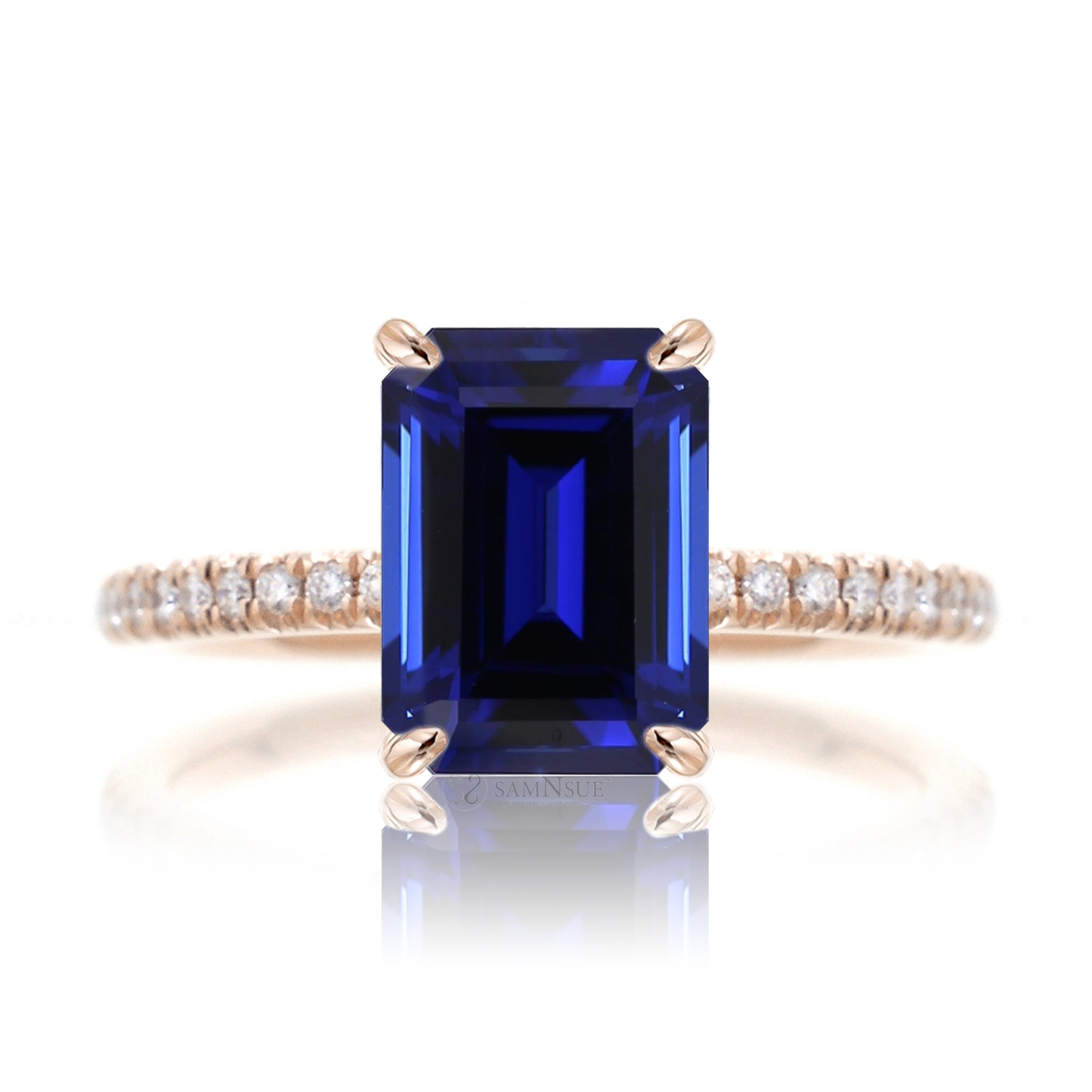 Emerald cut blue sapphire diamond engagement ring rose gold - the Ava
