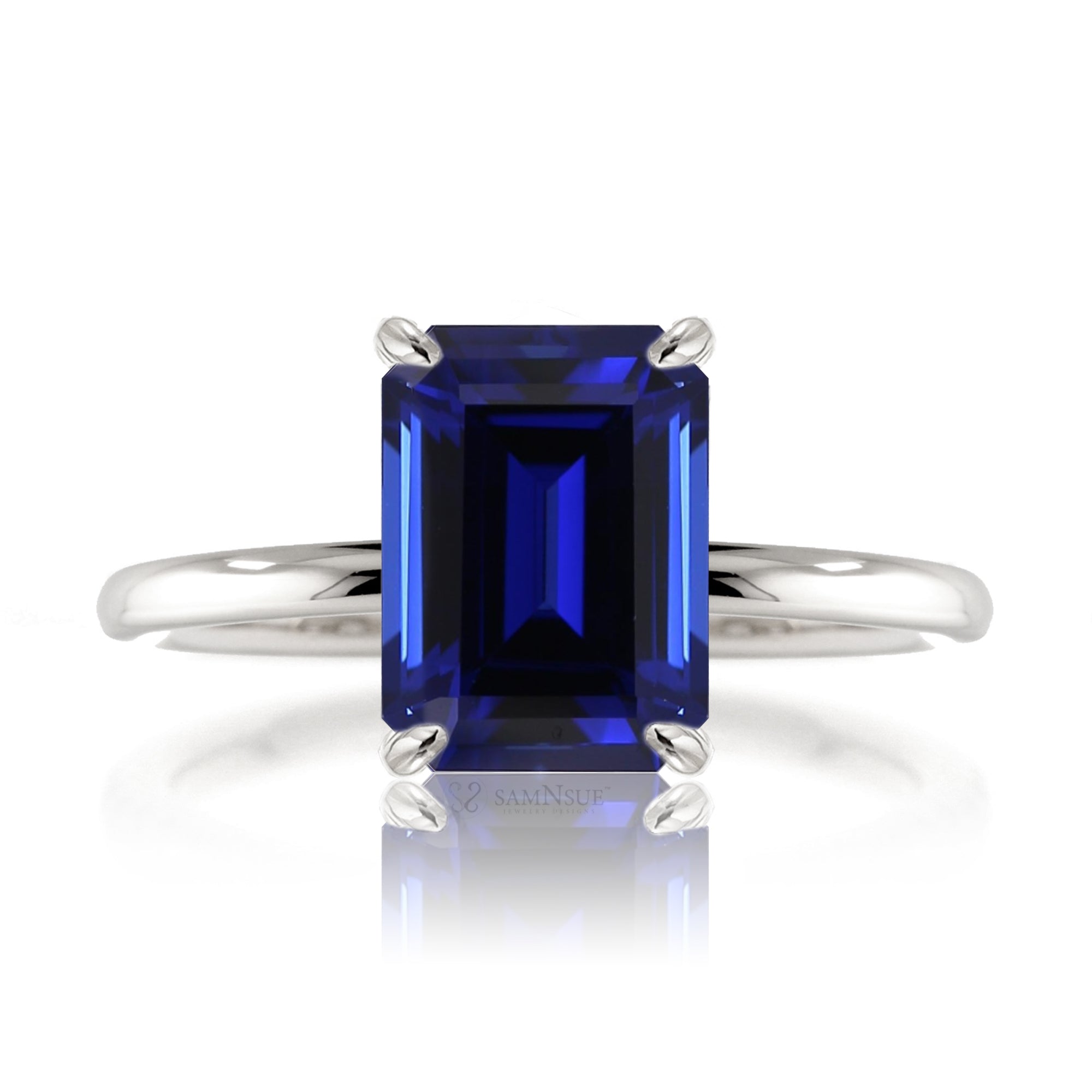Emerald cut blue sapphire solid engagement ring white gold - the Ava