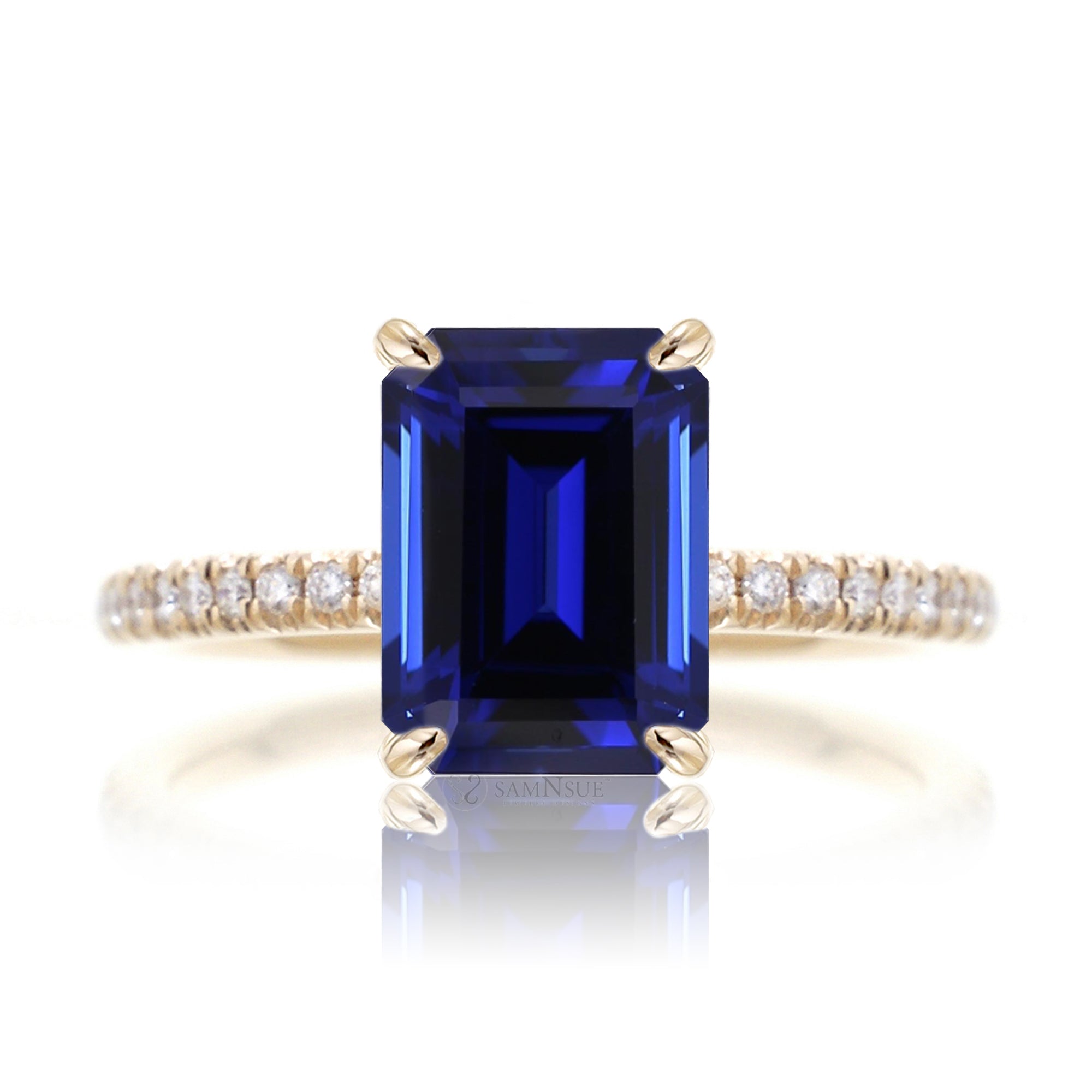 Emerald cut blue sapphire diamond engagement ring yellow gold - the Ava