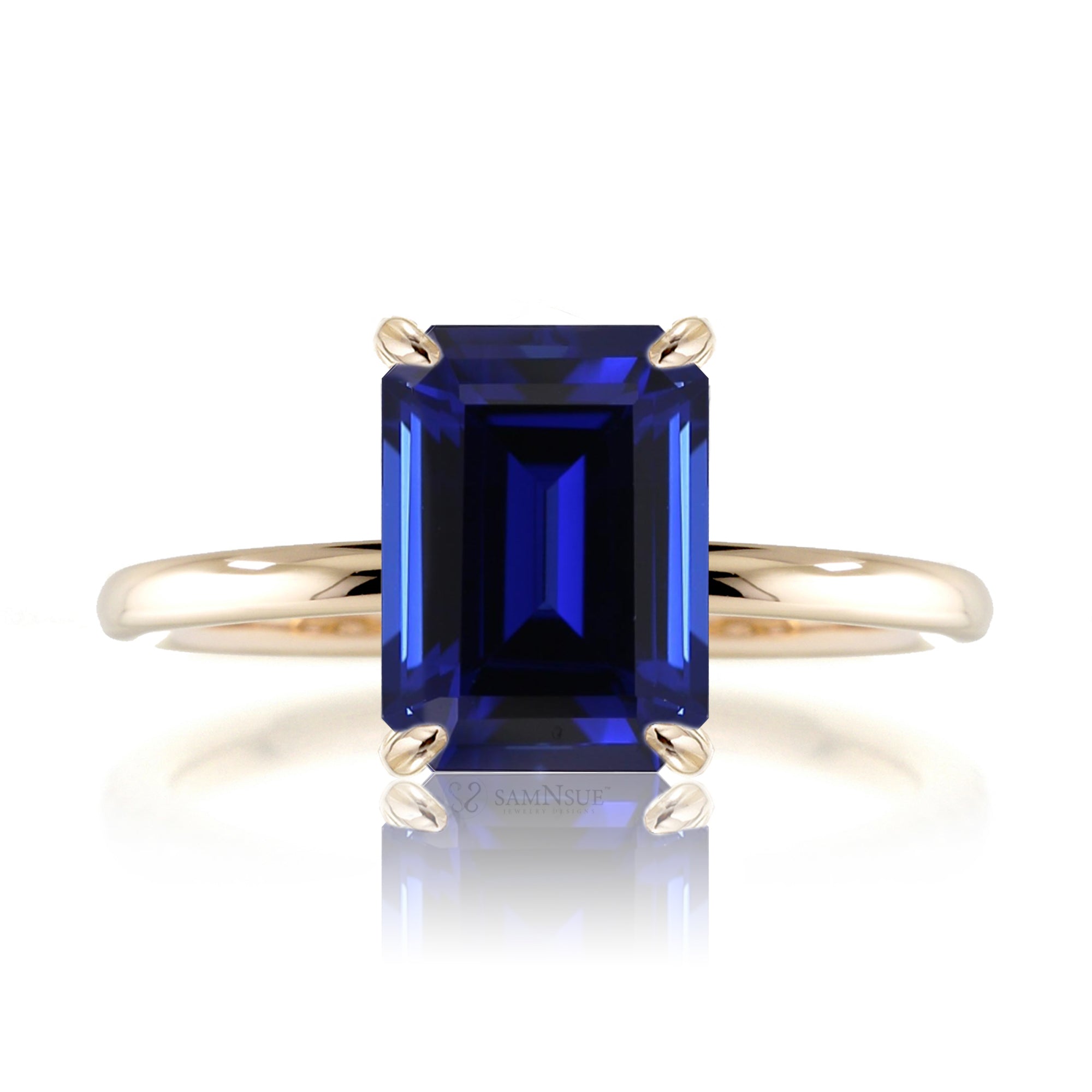 Emerald cut blue sapphire solid engagement ring yellow gold - the Ava