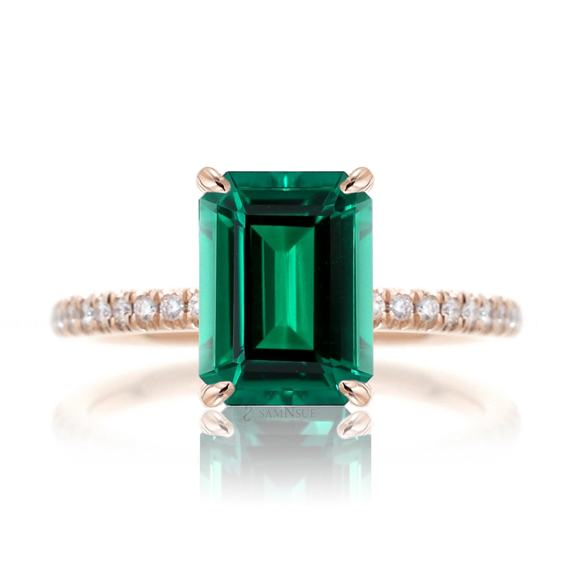 Step cut green emerald diamond band engagement ring rose gold - the Ava