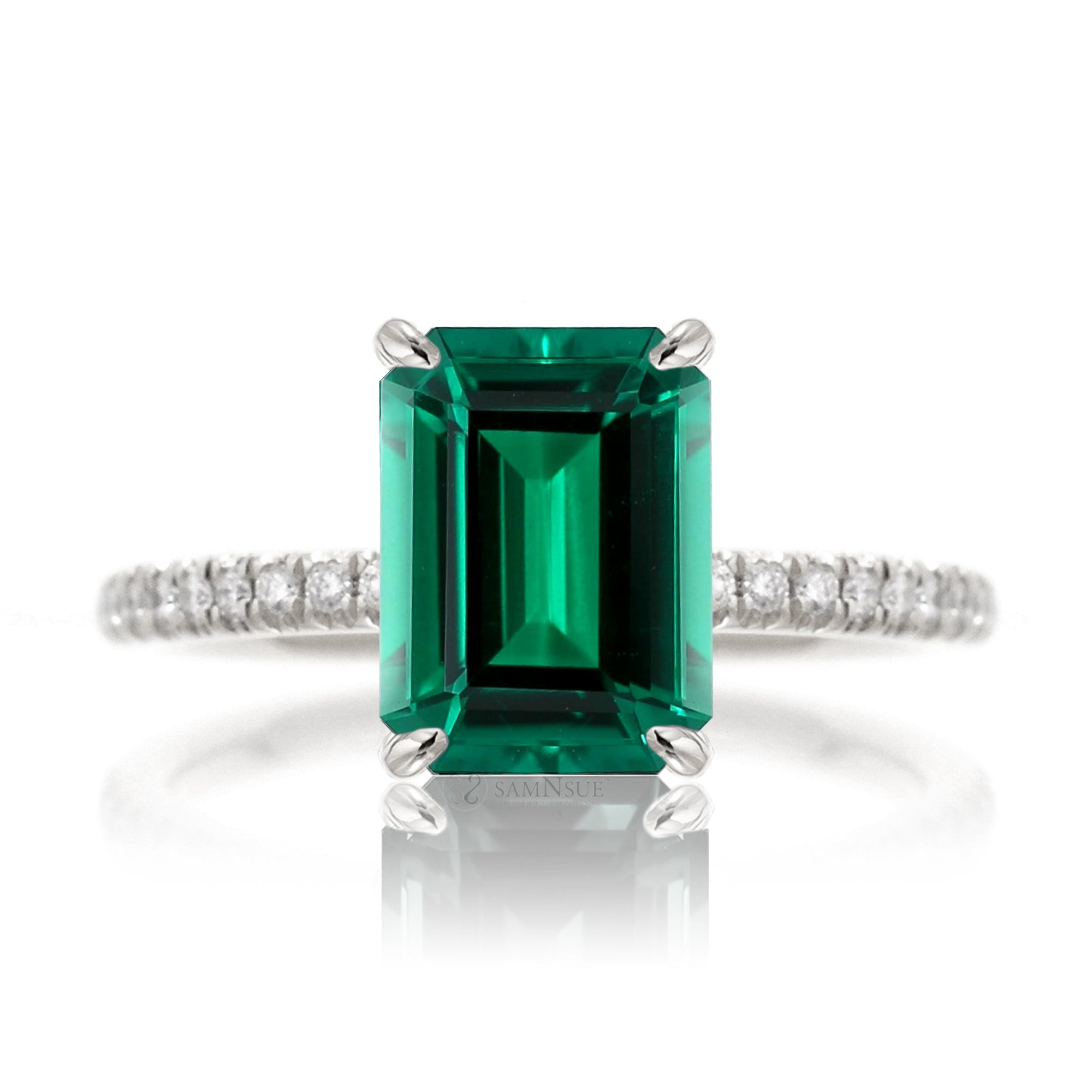 Step cut green emerald diamond band engagement ring white gold - the Ava