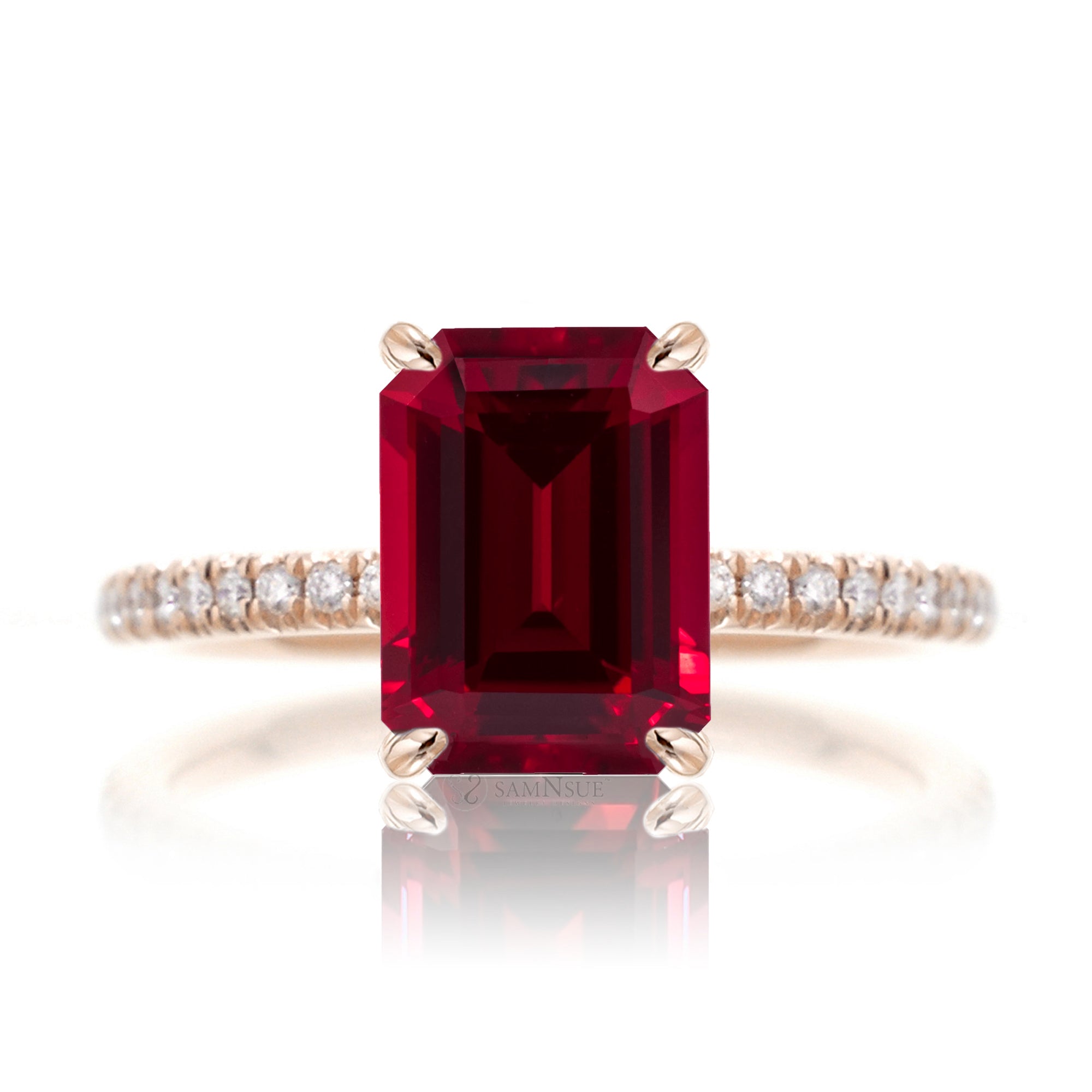 Emerald cut ruby diamond engagement ring rose gold - the Ava