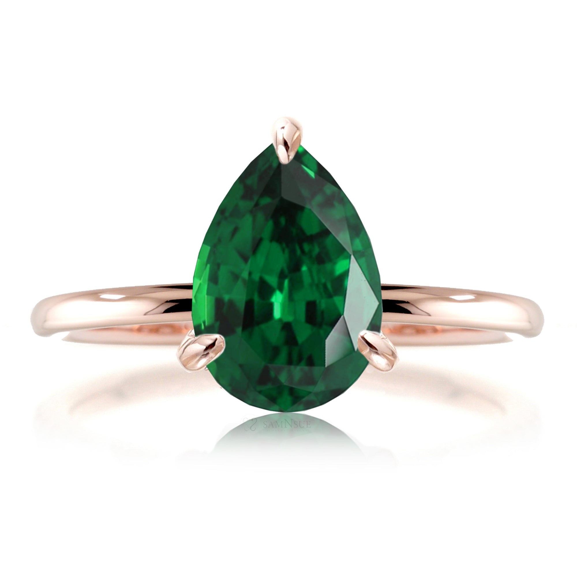 Pear green emerald solid band engagement ring rose gold - the Ava