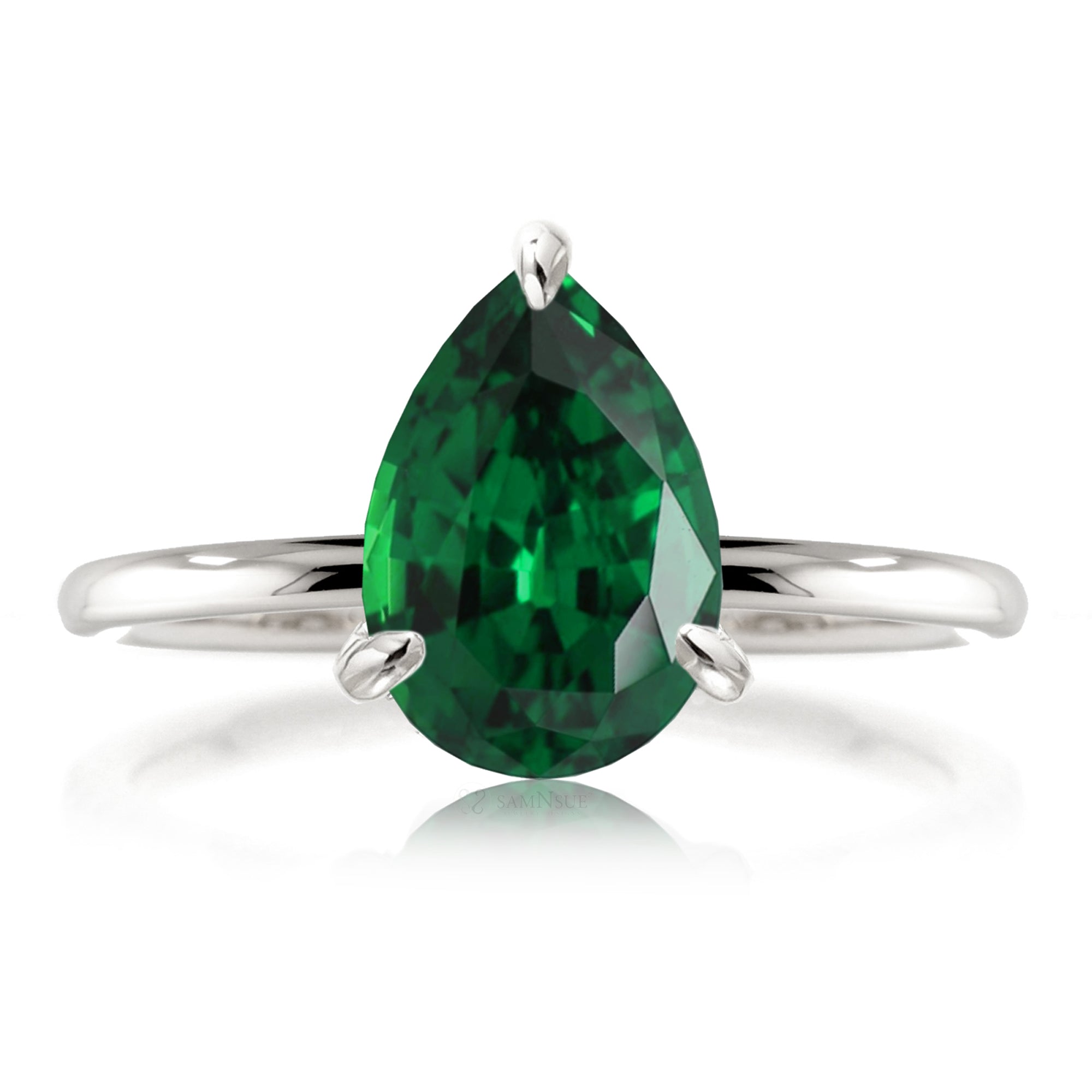 Pear green emerald solid band engagement ring white gold - the Ava