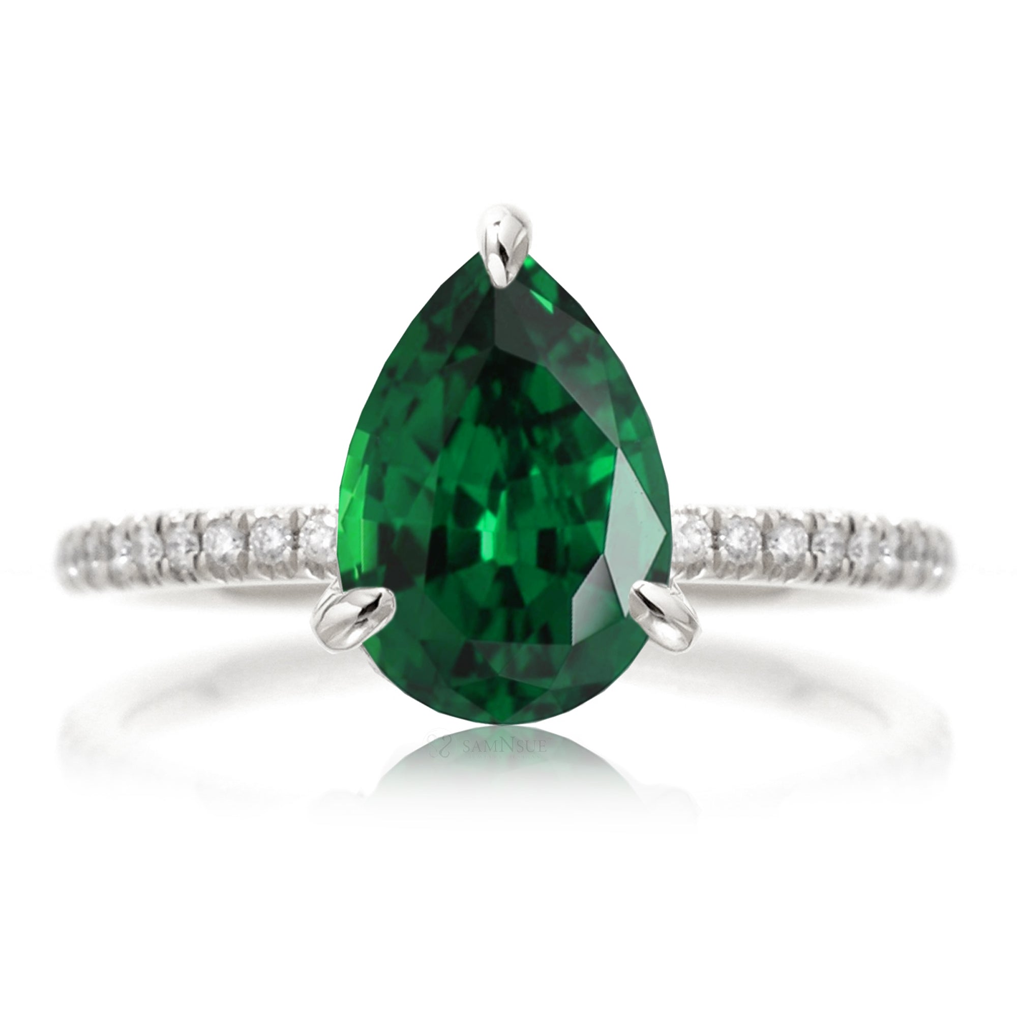 Pear green emerald diamond band engagement ring white gold - the Ava