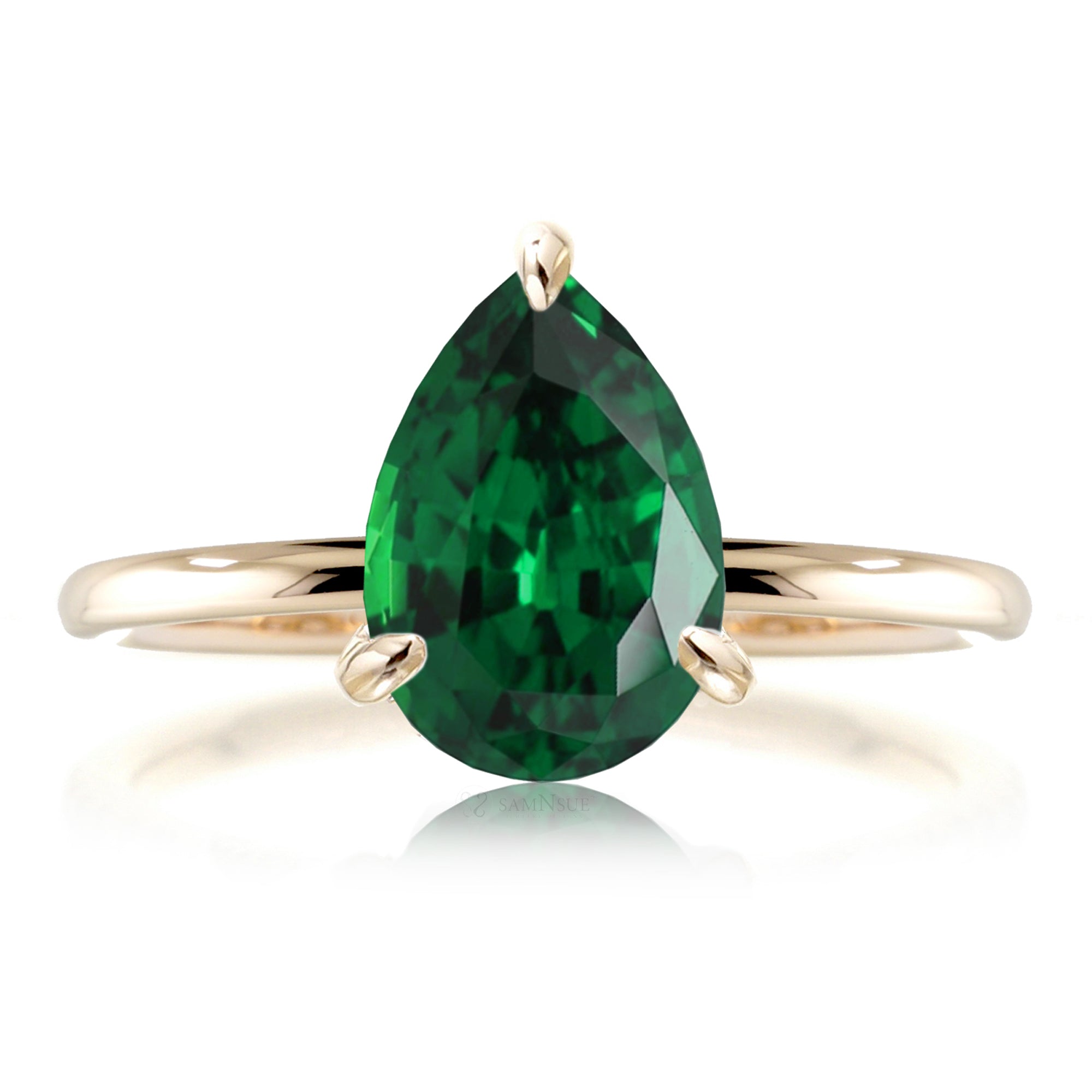 Pear green emerald solid band engagement ring yellow gold - the Ava