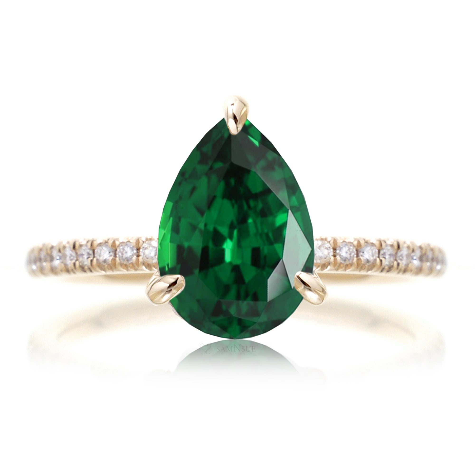 Pear green emerald diamond band engagement ring yellow gold - the Ava