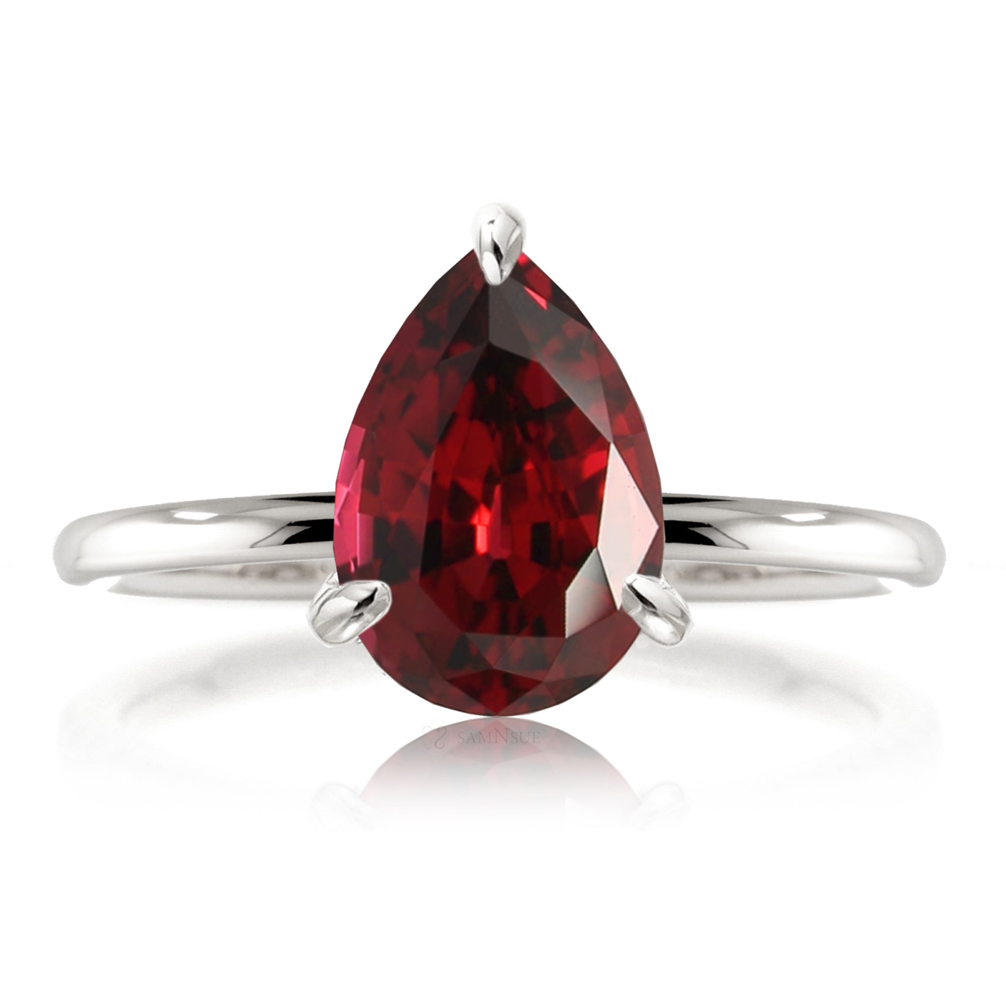 Pear cut lab-grown ruby engagement ring solid band white gold - the Ava