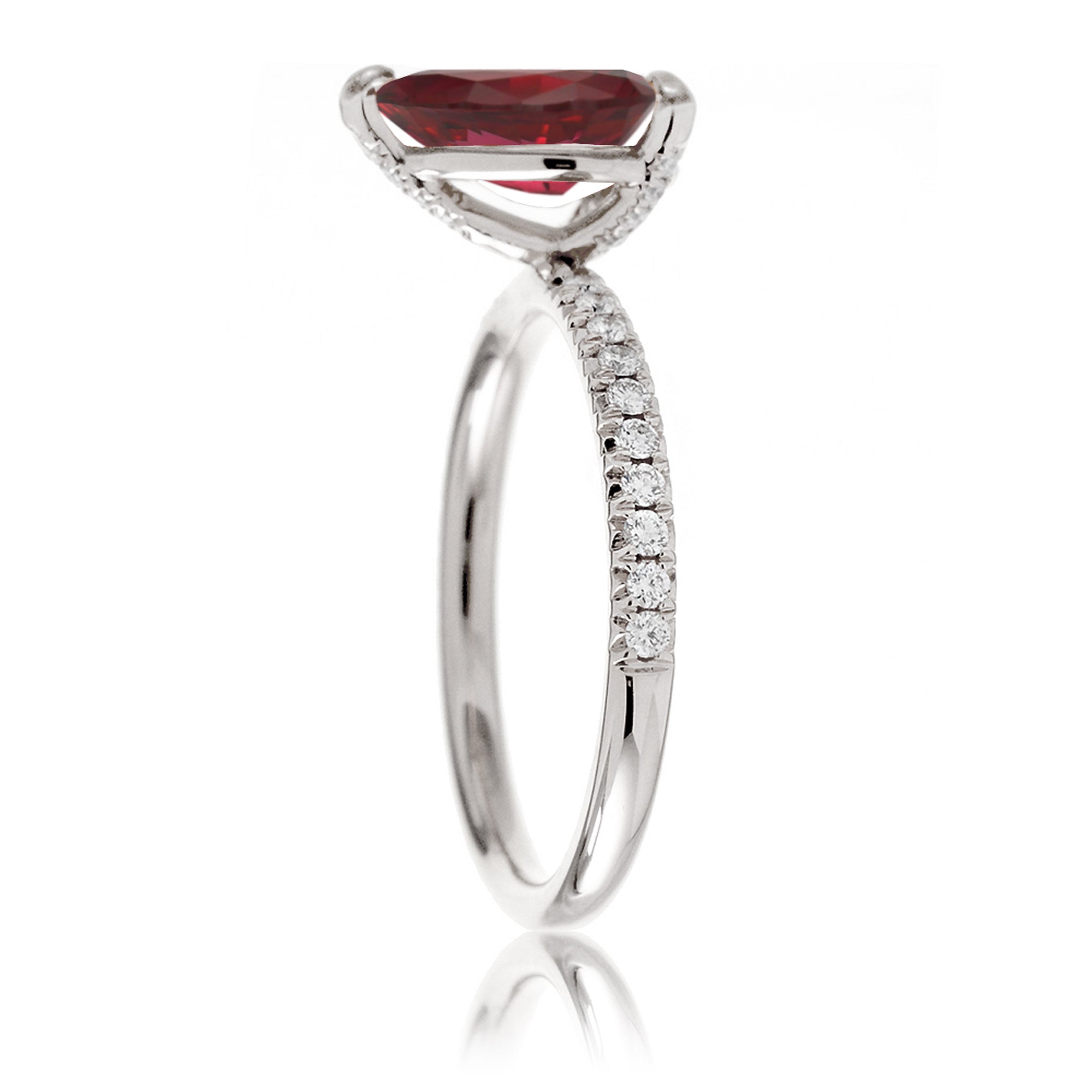Pear cut lab-grown ruby engagement ring diamond band white gold - the Ava