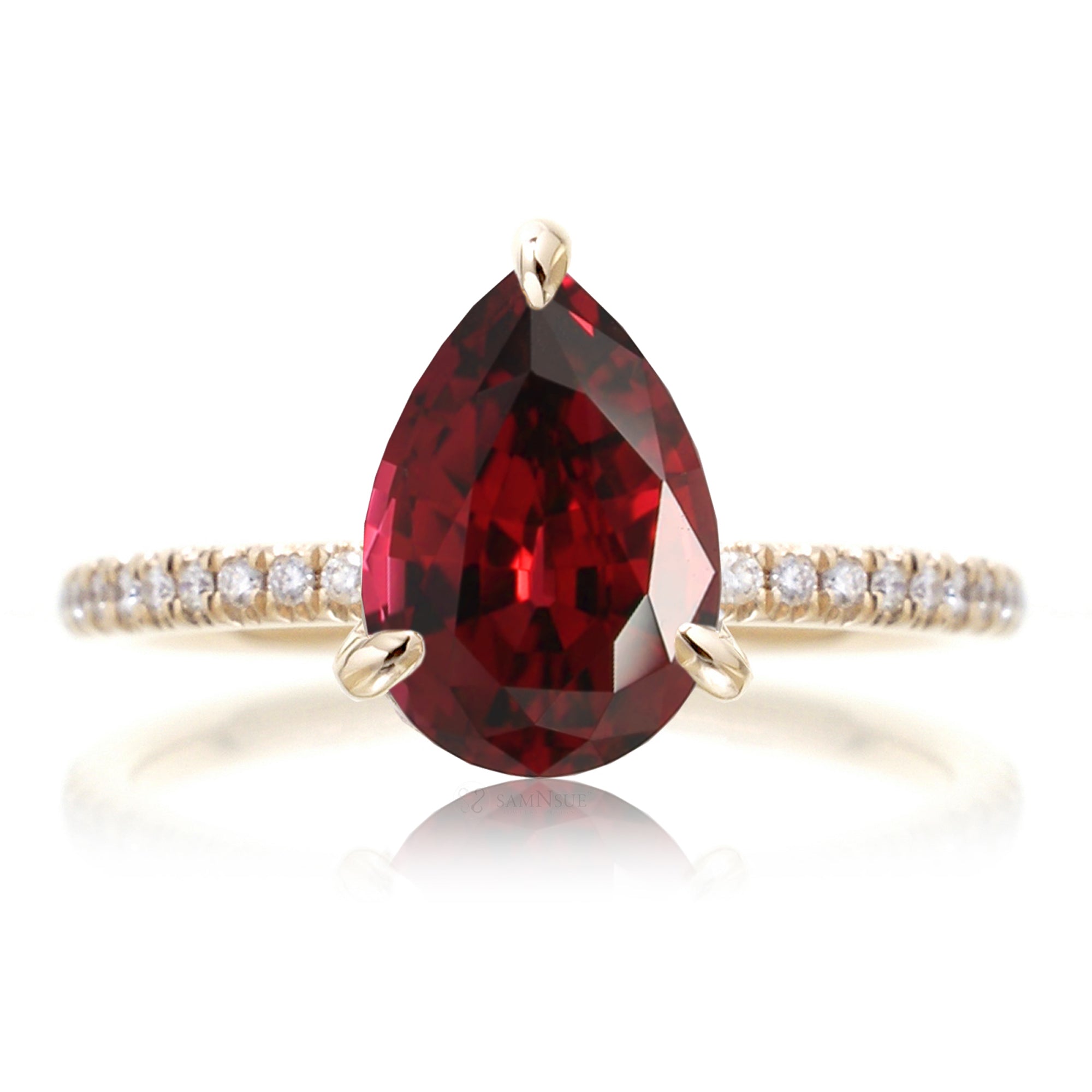 Pear cut lab-grown ruby engagement ring diamond band yellow gold - the Ava