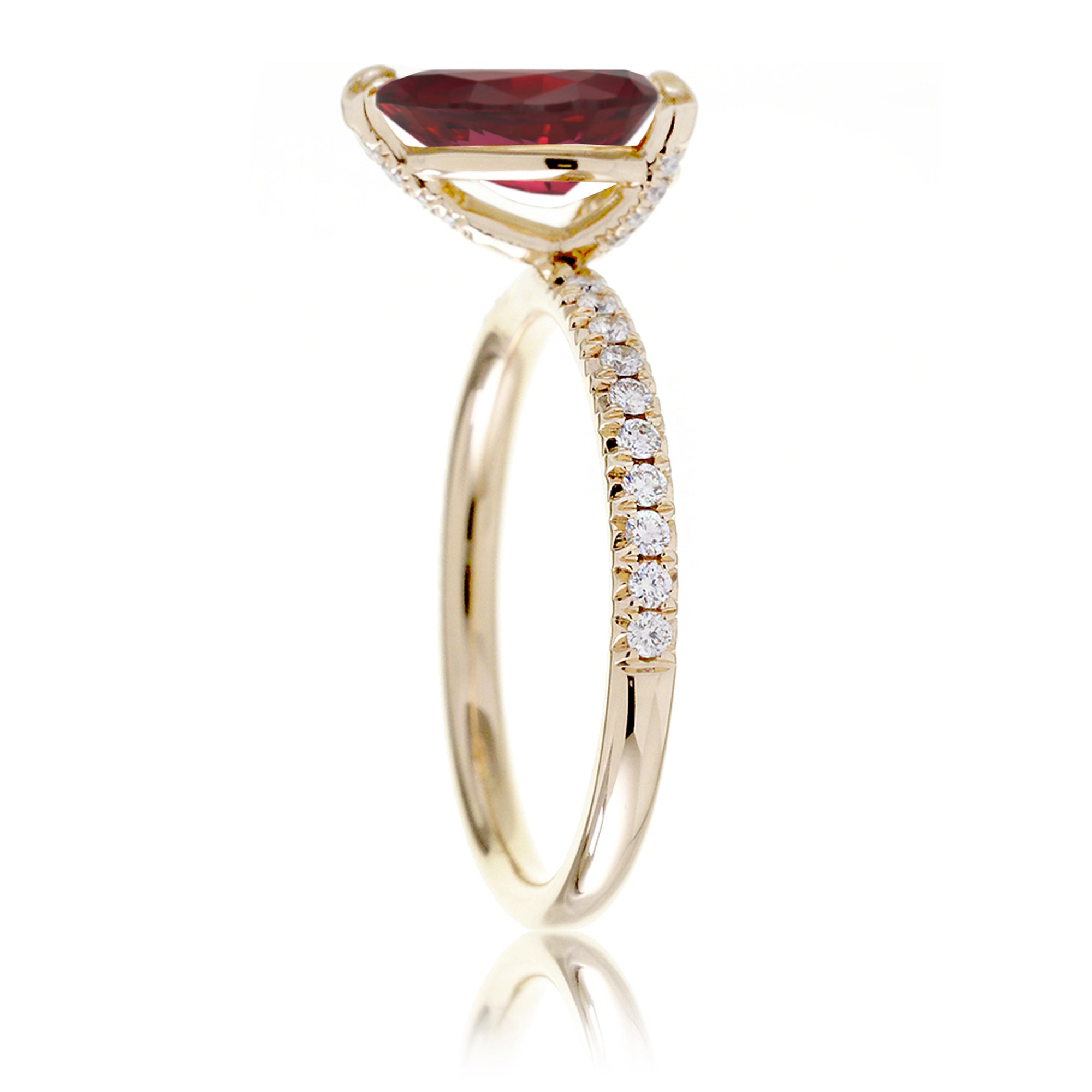 Pear cut lab-grown ruby engagement ring diamond band yellow gold - the Ava