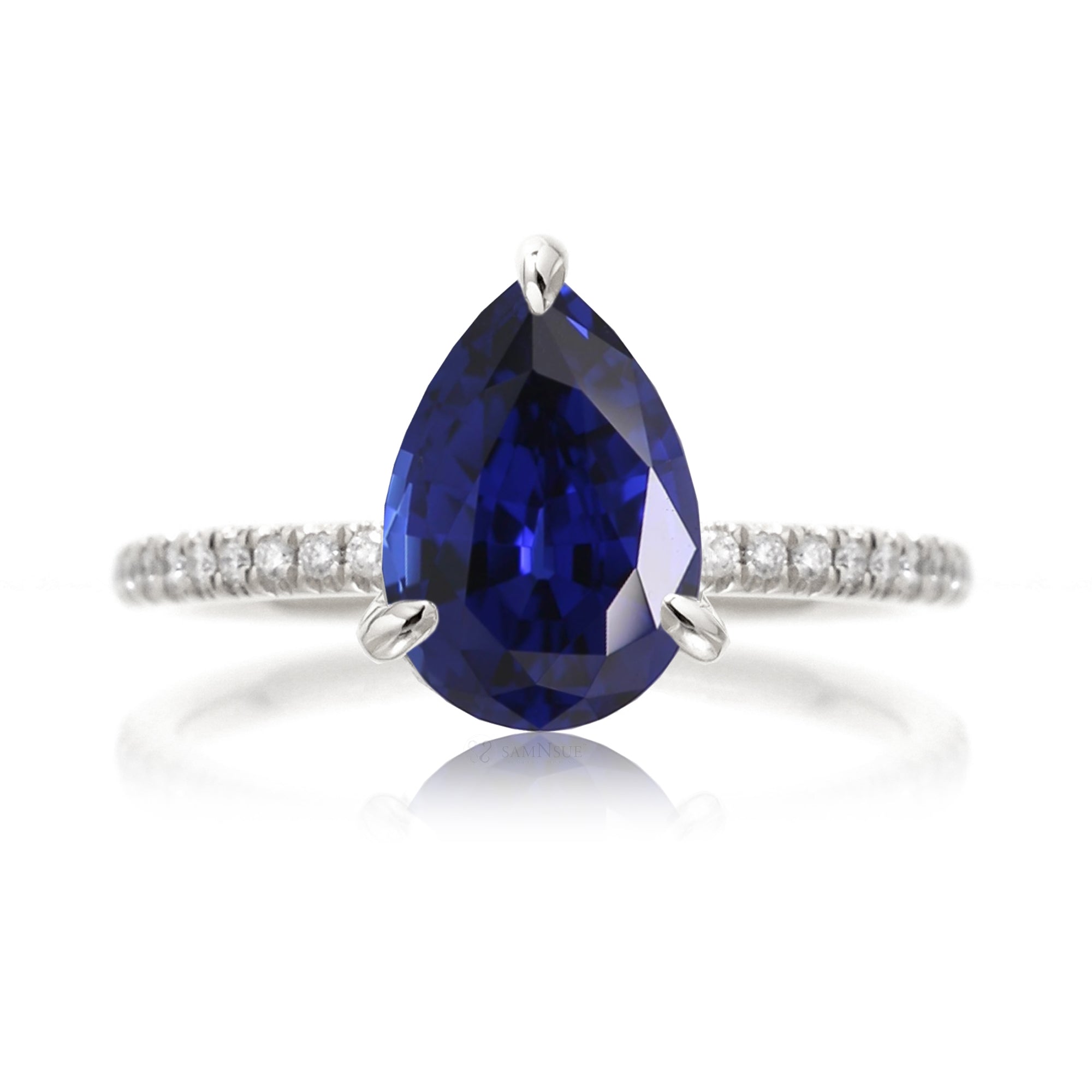 Pear cut blue sapphire diamond band engagement ring white gold - the Ava