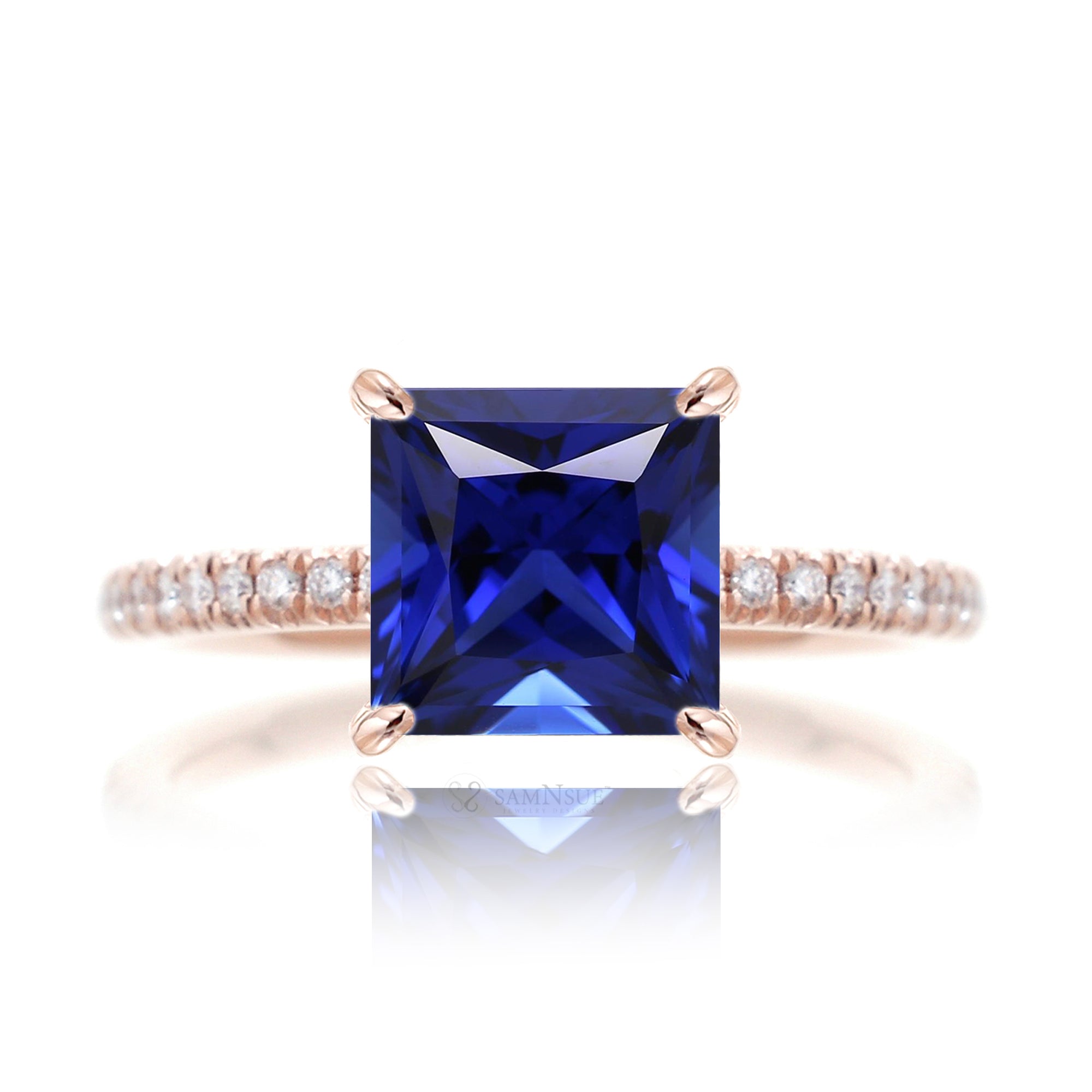 Princess cut blue sapphire diamond engagement ring rose  gold - the Ava