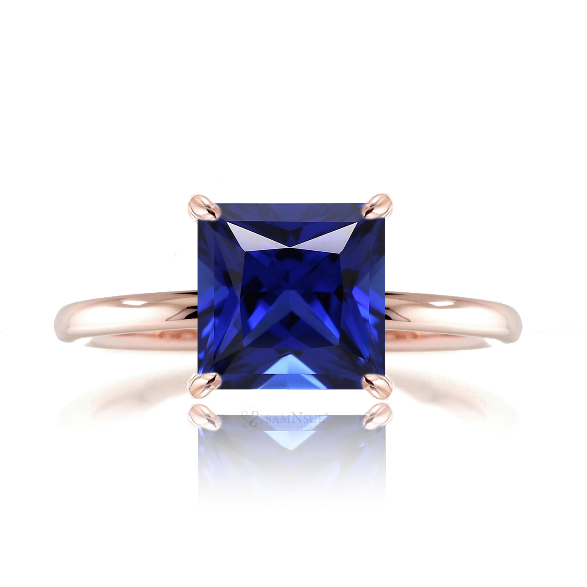 Princess cut blue sapphire diamond engagement ring rose gold solid band - the Ava