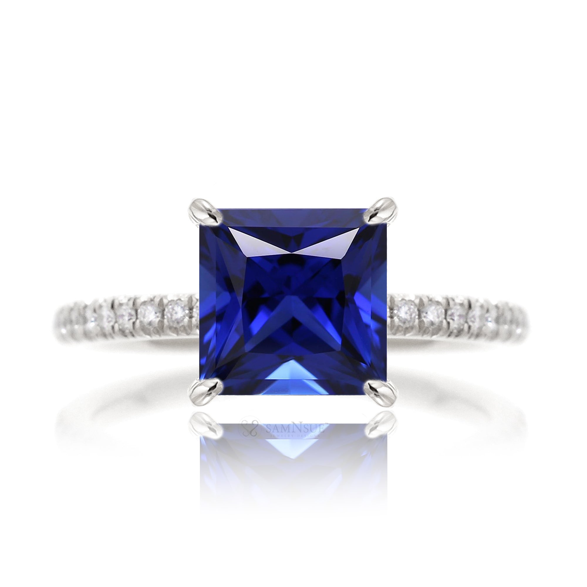 Princess cut blue sapphire diamond engagement ring white gold - the Ava