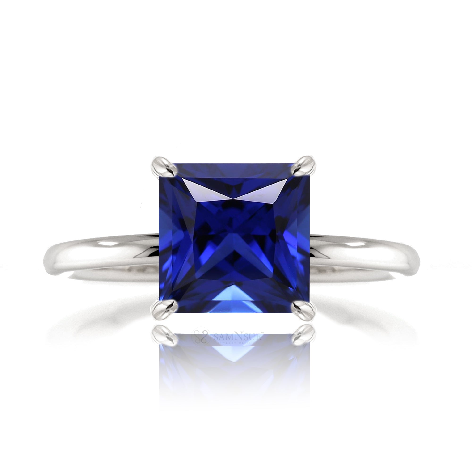 Princess cut blue sapphire diamond engagement ring white gold solid band - the Ava