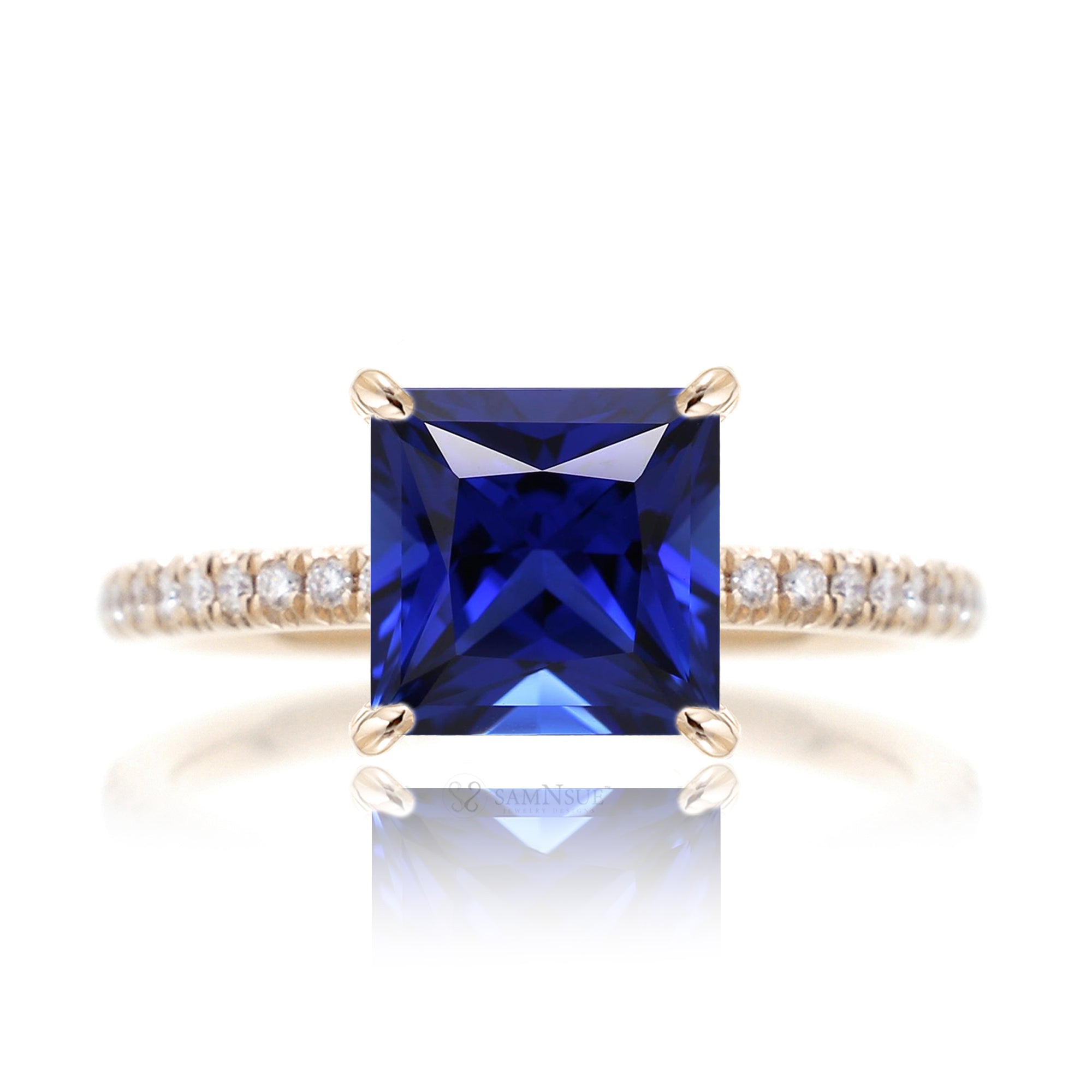 Princess cut blue sapphire diamond engagement ring yellow gold - the Ava