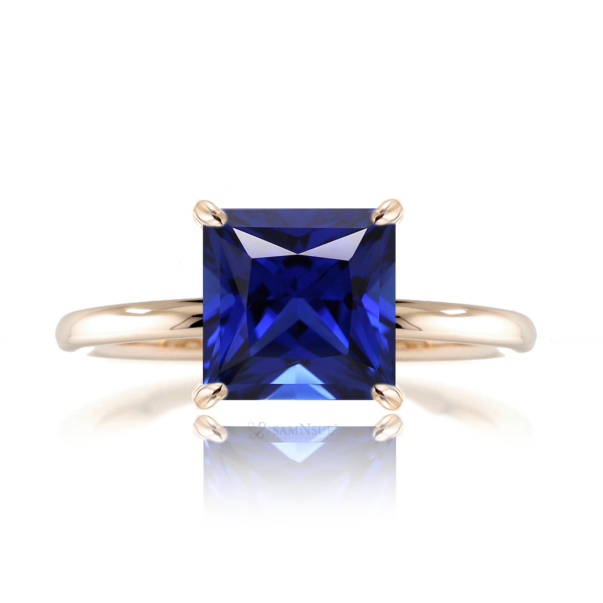 Princess cut blue sapphire diamond engagement ring yellow gold solid band - the Ava