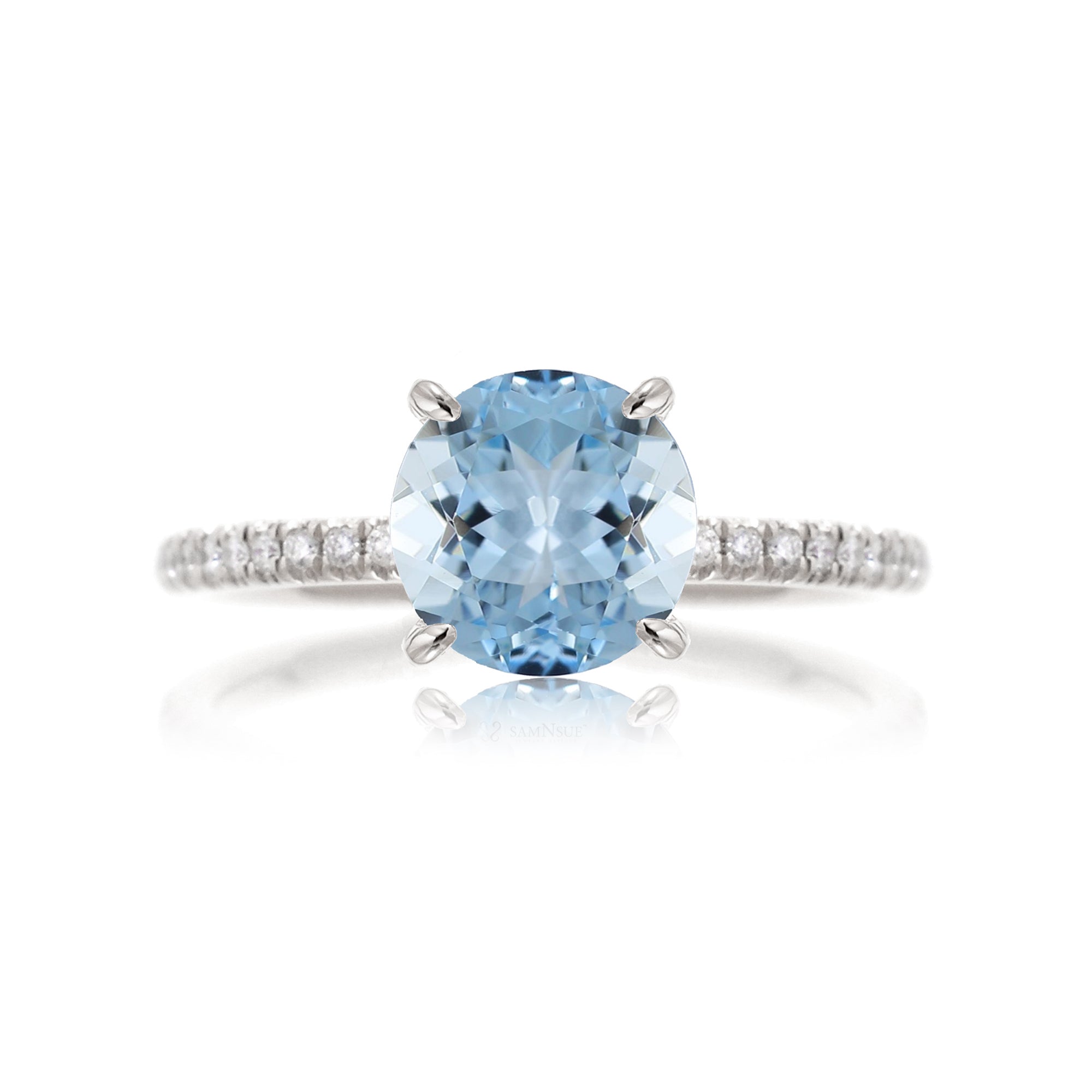 Round cut aquamarine diamond band engagement ring white gold with diamonds on prongs