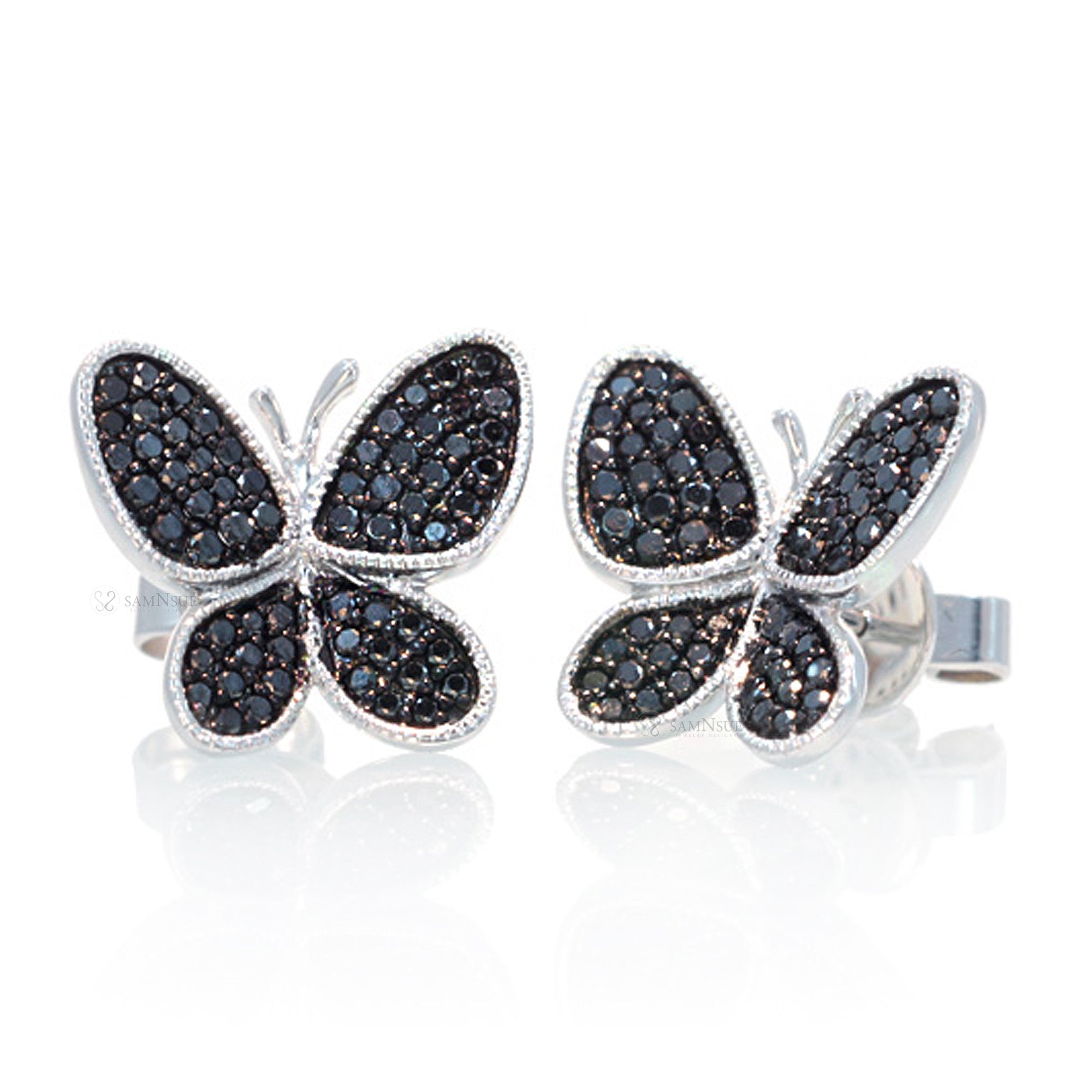 Butterfly earrings with black diamond white gold