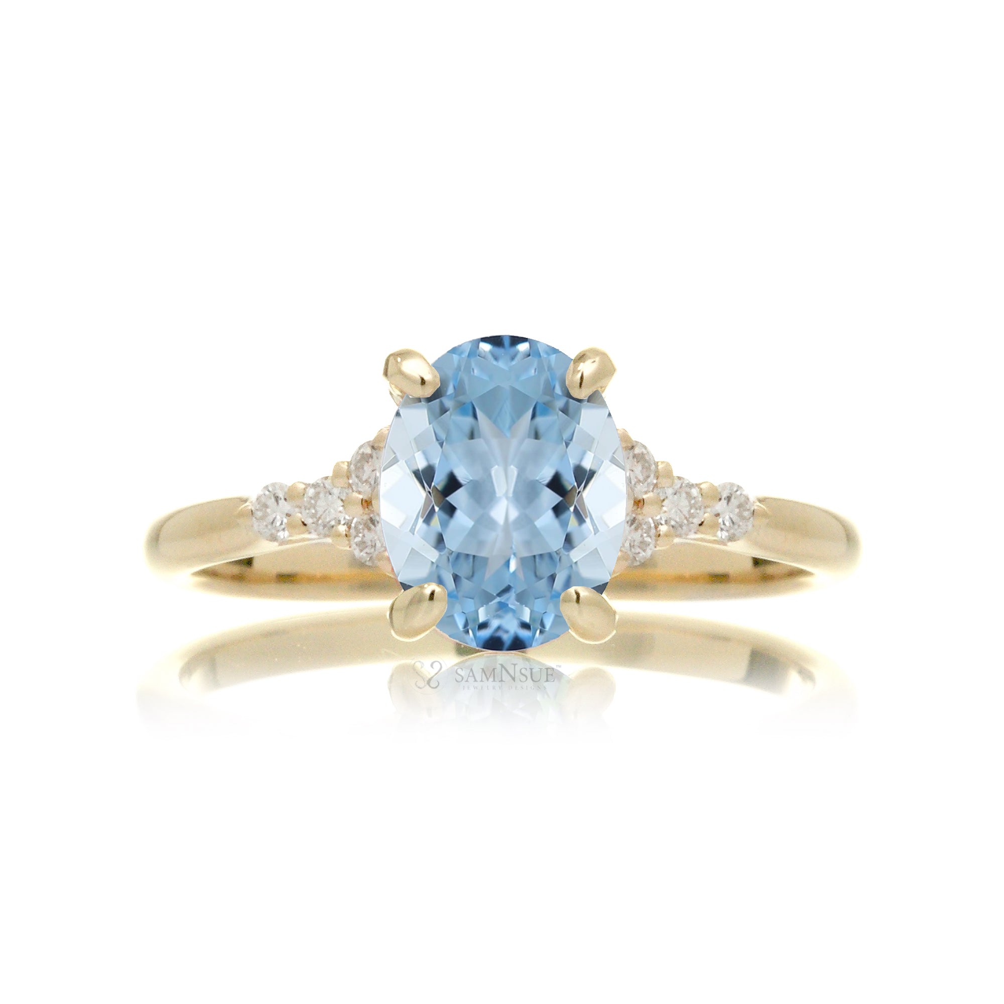 Oval aquamarine ring in yellow gold with side diamonds all natural - the Chloe ring