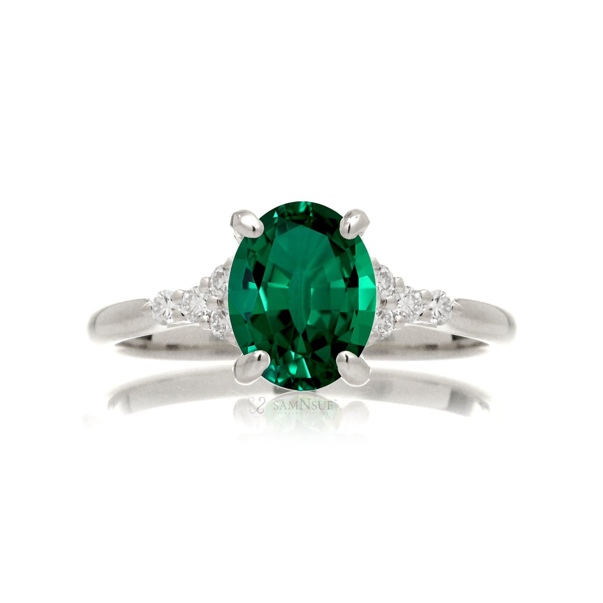 Oval green emerald ring in white gold with side diamonds all natural - the Chloe ring