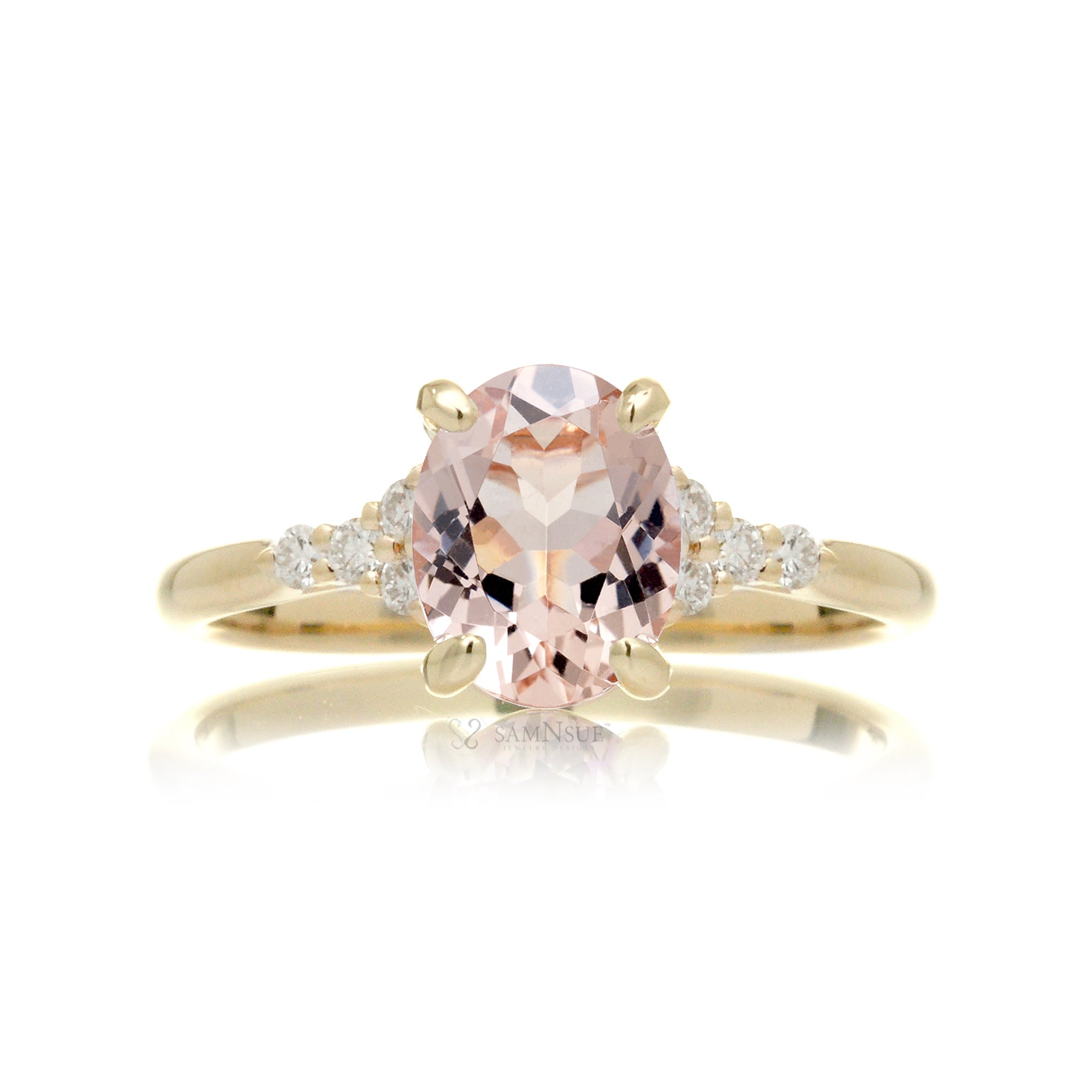 Oval morganite ring in yellow gold with side diamonds all natural - the Chloe ring